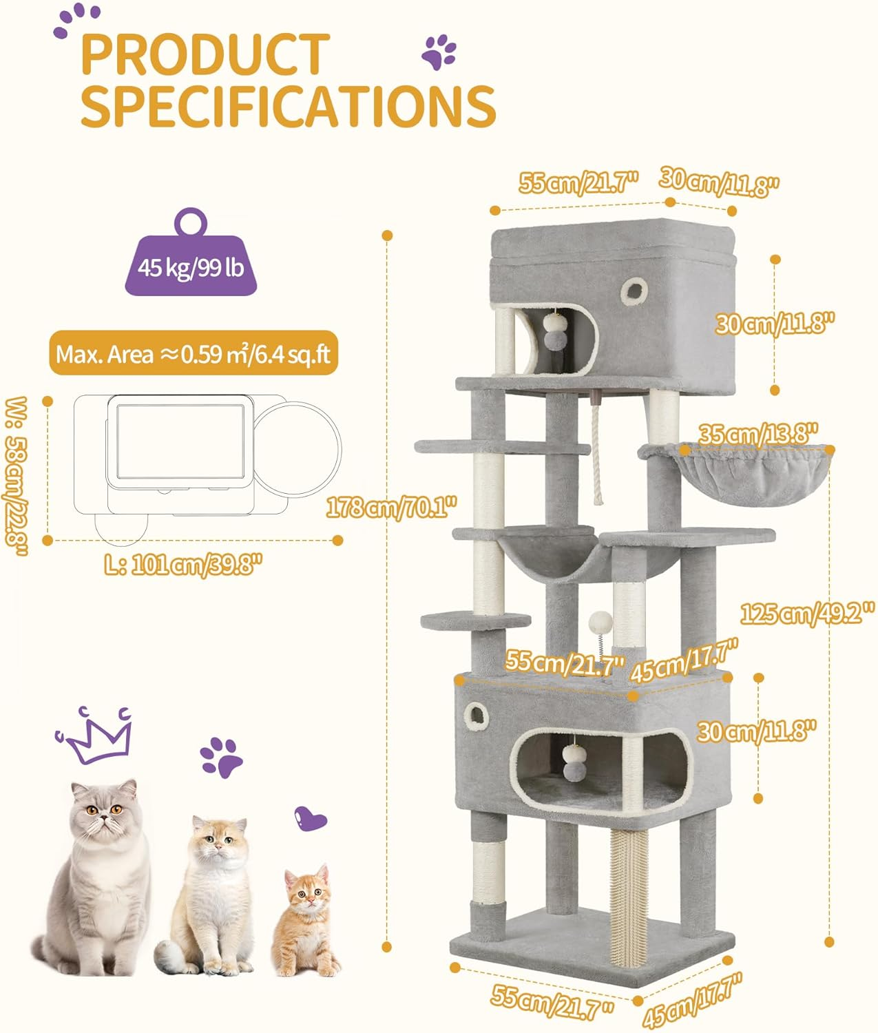 Hzuaneri 178Cm Cat Tree for Indoor Cats, Multi-Layer Scratching Post with Large Platform, 2 Caves, 7 Sisal Posts, Pompoms, Cat Basket, Hammock, Suitable for Cats, Light Grey MS17818LG image number 3