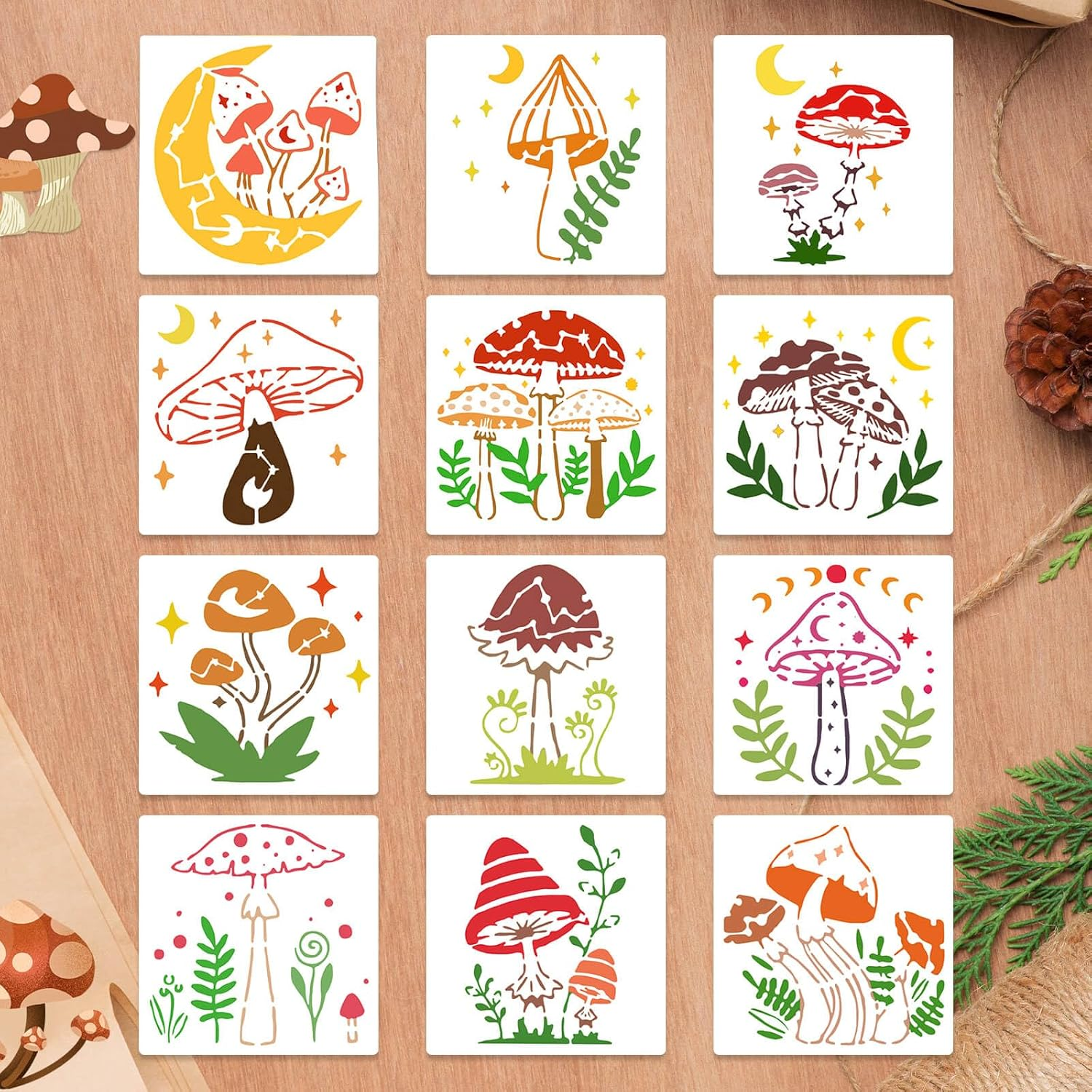 Dayker 12PCS Mushroom Stencils, Reusable Plastic Craft Stencil, Mushrooms Moon Plants Drawing Template, DIY Art Decor for Painting on Wall Canvas image number 4