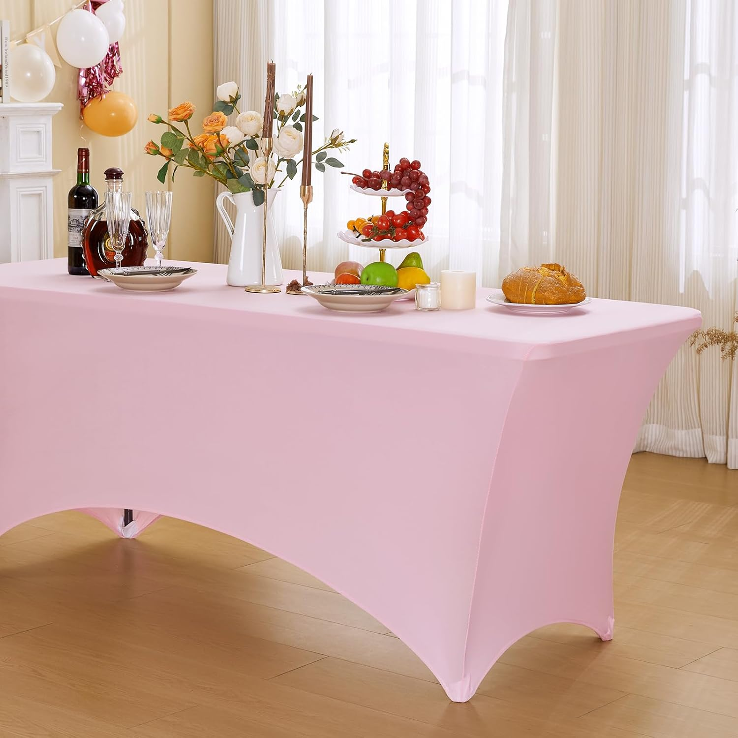 Fantastshop 8Ft Stretch Spandex Table Cloth for Rectangle Table Tight Fitted Tablecloths - Washable and Wrinkle Resistant Table Cover for Events Party Wedding Birthday Patio Banquet Festival, Pink. image number 2
