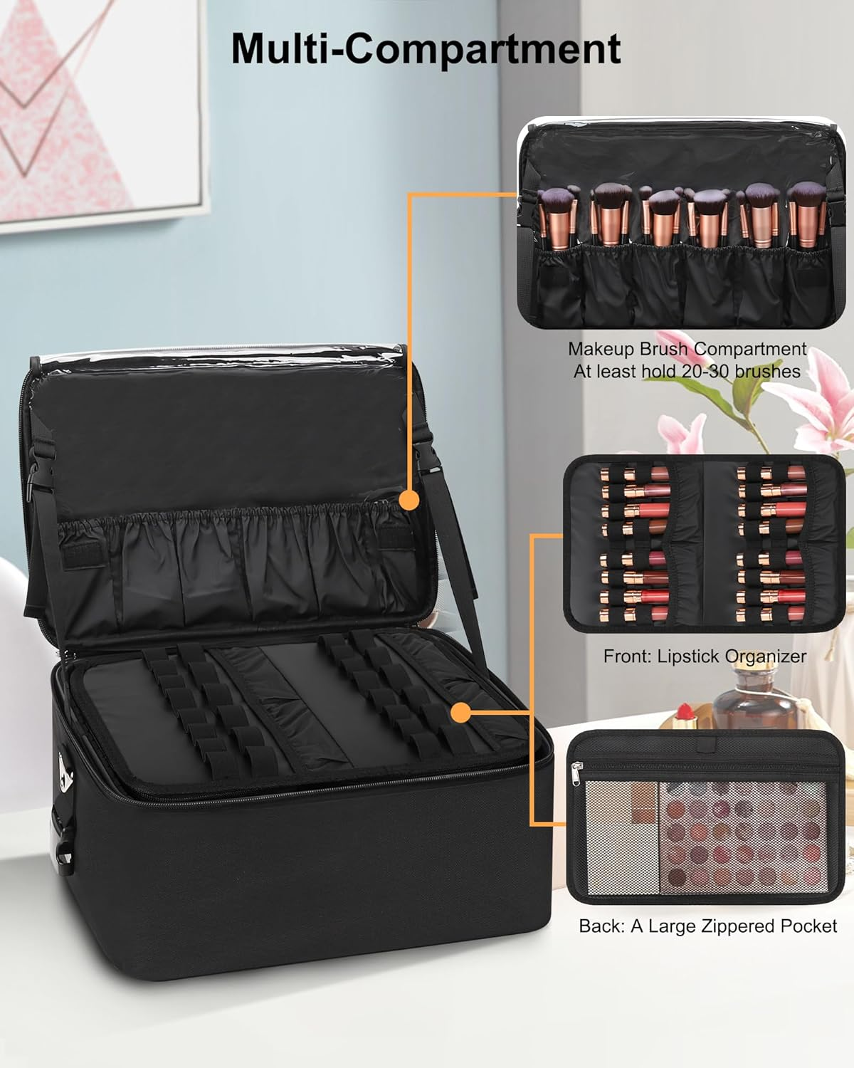 Makeup Bag Large Makeup Case Professional Cosmetic Storage Organizer Box Brush Holder with 3 Clear Set Bags & Lipstick Plate for Makeup Artists with Shoulder Strap & Adjustable Dividers (Black, Large) image number 5