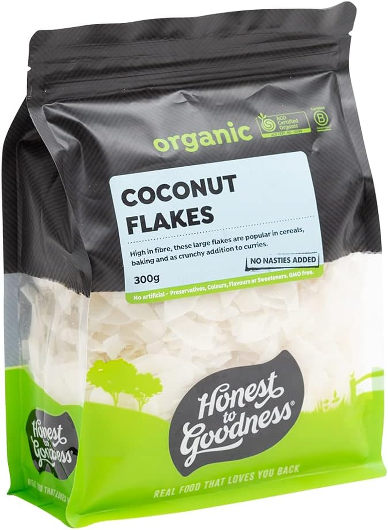 Honest to Goodness, Organic Coconut Flakes, 300 Grams -Dried and Flaked Organic Coconut Flesh. These Large Flakes Are Bursting with Flavor and Aroma.