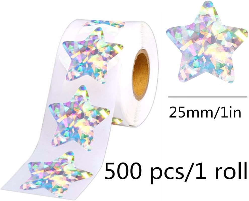 Loopunk 3 Rolls Sliver Star Stickers, Labeling 500 Pieces/Roll,1 Inch Self Adhesive Metallic Glitter Foil Stickers Sparkly Star Stickers Reward Behavior Chart Labels for Kids Students Supplies.