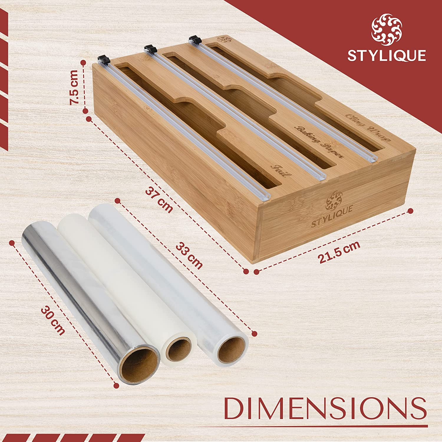 3 in 1 Foil and Cling Wrap Organiser (Aussie Sizes) for Kitchen Storage & Organisation, Cling Wrap Dispenser with Cutter Drawer & Pantry Organiser for Aluminium Foil Baking Paper 33Cm Roll (Natural) image number 1