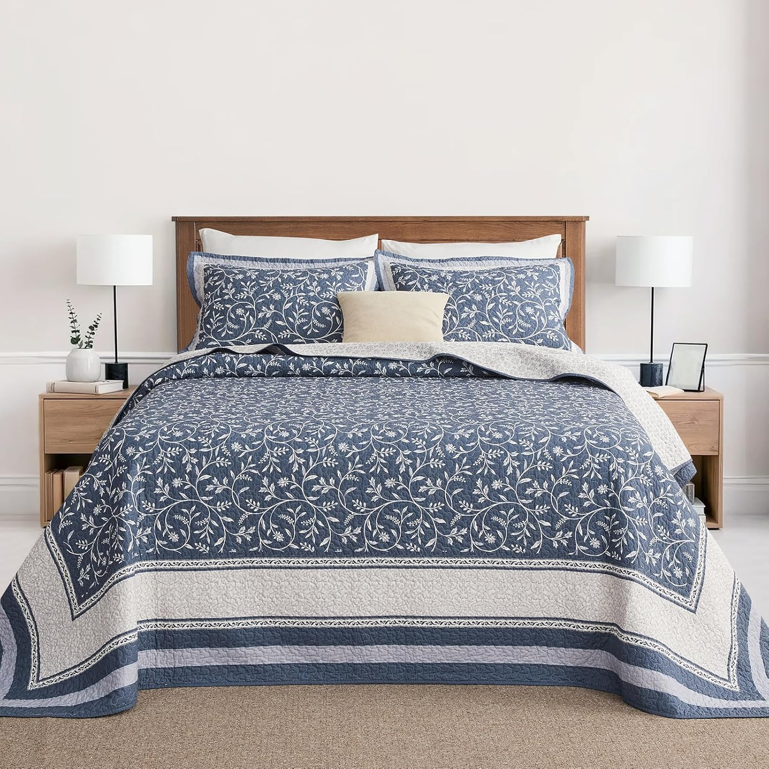 Quiltease Oversized King Bedspread - 120" Lx128 W Extra Wide - 100% Cotton Lightweight Vine Botanical California Quilt Sets - Reversible Super Bed Coverlet Set - Grayish-Blue/Light Gray
