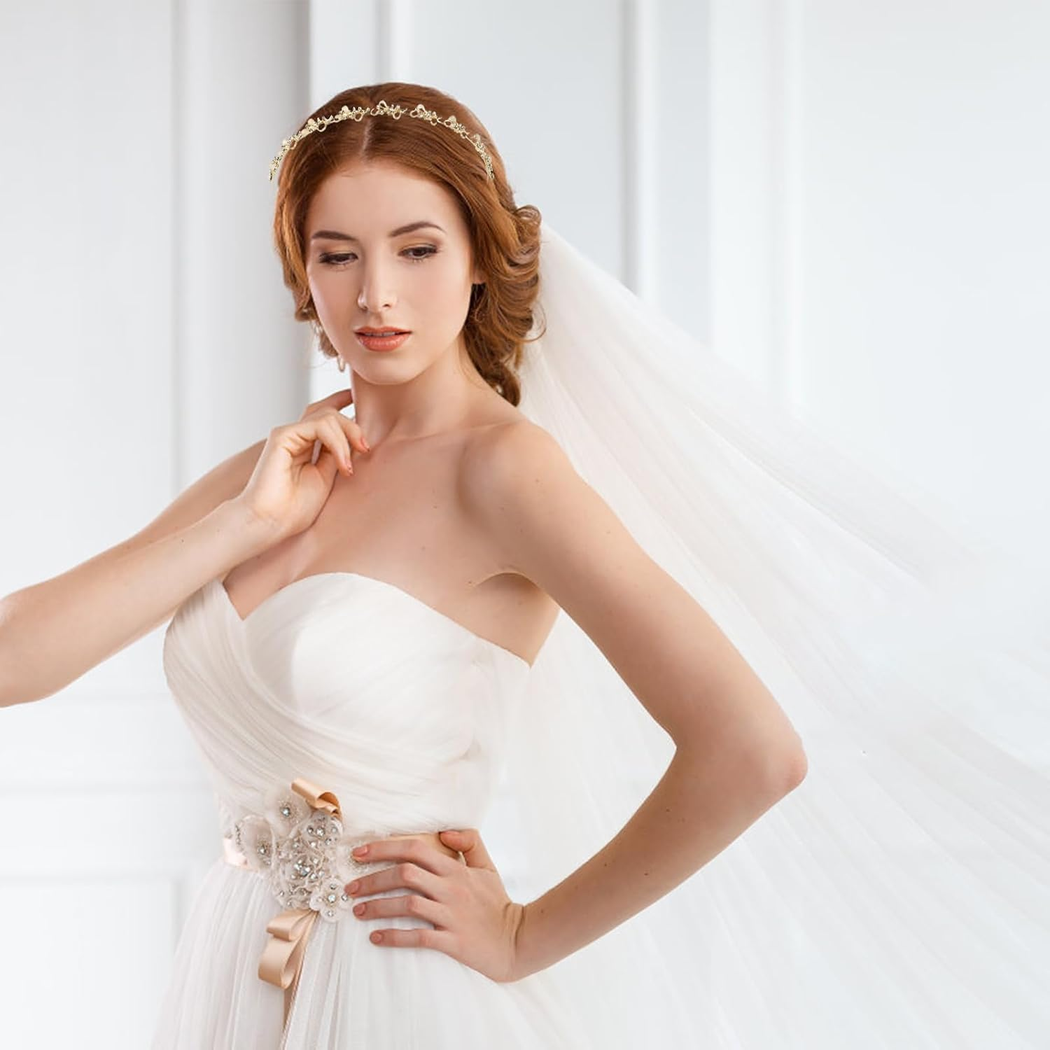 Wisebom 1 Piece Bridal Wedding Headband Light Gold Wedding Hair Band Elegant Bridal Headband with Rhinestone Communion Confirmation Hair Accessories for Birthday Anniversary Valentine'S Day Golden image number 6