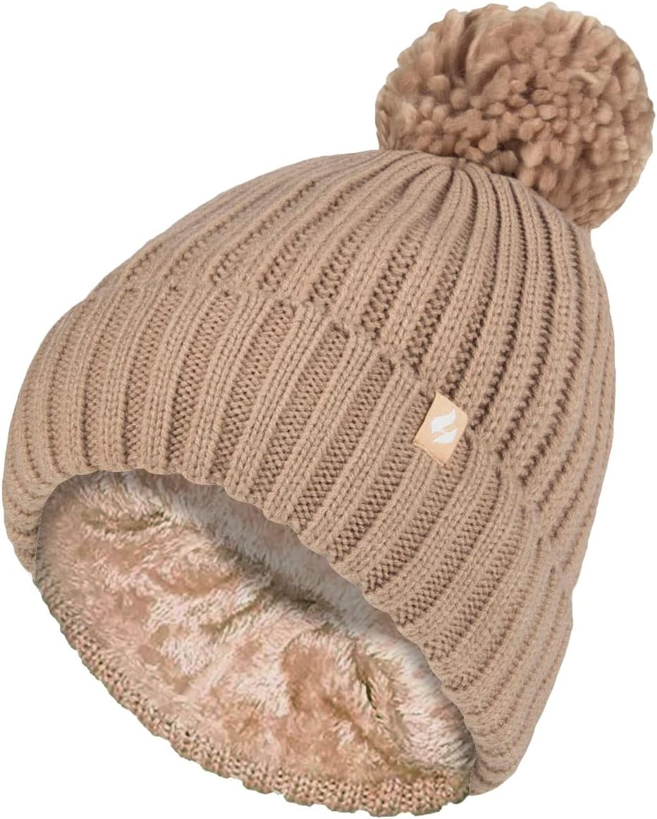 HEAT HOLDERS - Womens Knitted Style Fleece Lined Warm Thermal Winter Beanie Hat