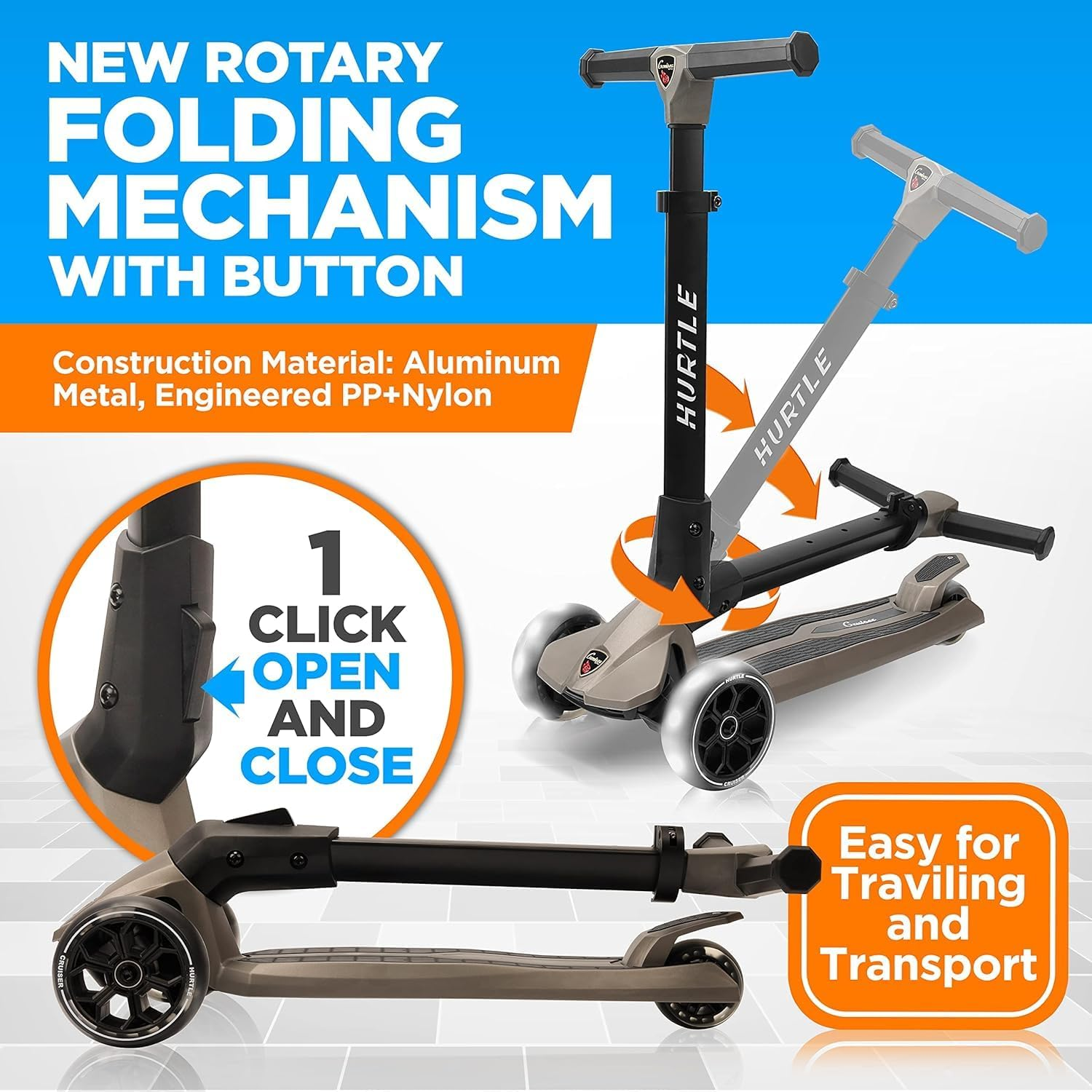 Hurtle 3 Wheeled Scooter for Kids - Foldable Stand Child Toddlers Toy Kick Scooters W/Built-In LED Wheel Lights, Anti-Slip Wide Deck, Adjustable Height, Great for Outdoor Fun