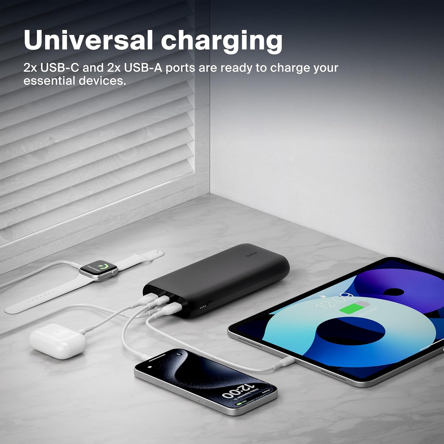 Belkin Boostcharge 4-Port Power Bank 26K W/Usb-C & USB-A Ports, Fast Charge USB-C Power Delivery, Portable Iphone Charger for Iphone 15, 14, 13, 12, Ipad Pro, Galaxy S23, S23 Ultra, S23+ - Black image number 6