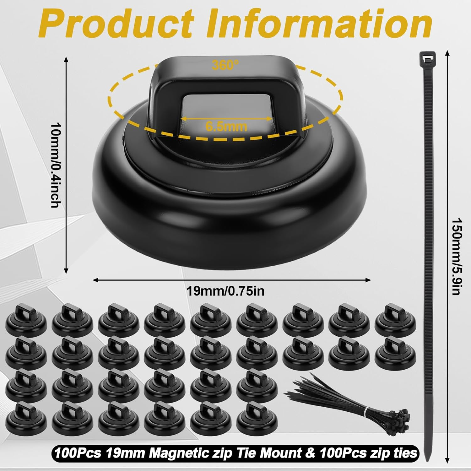 Leinuosen 100 Set Magnetic Zip Tie Mount and Nylon Cable Ties, 19 Mm Multipurpose Wire Cable Holder Mount Wire Clips Management Electrical Organization Supplies image number 1