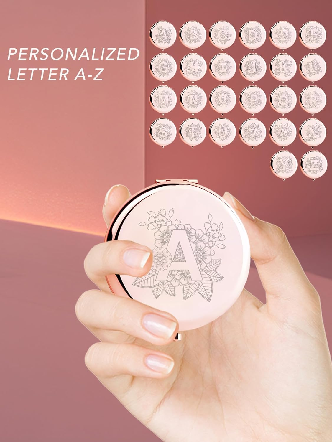 Rose Golden Compact Makeup Mirror, A-Z Surname Style Design, Perfect Present for Birthday Present, Christmas, Mother'S Day, Sister Gifts and Best Friends Gift. 1X/2X Magnifying, Foldable Cosmetic, U - Q image number 2