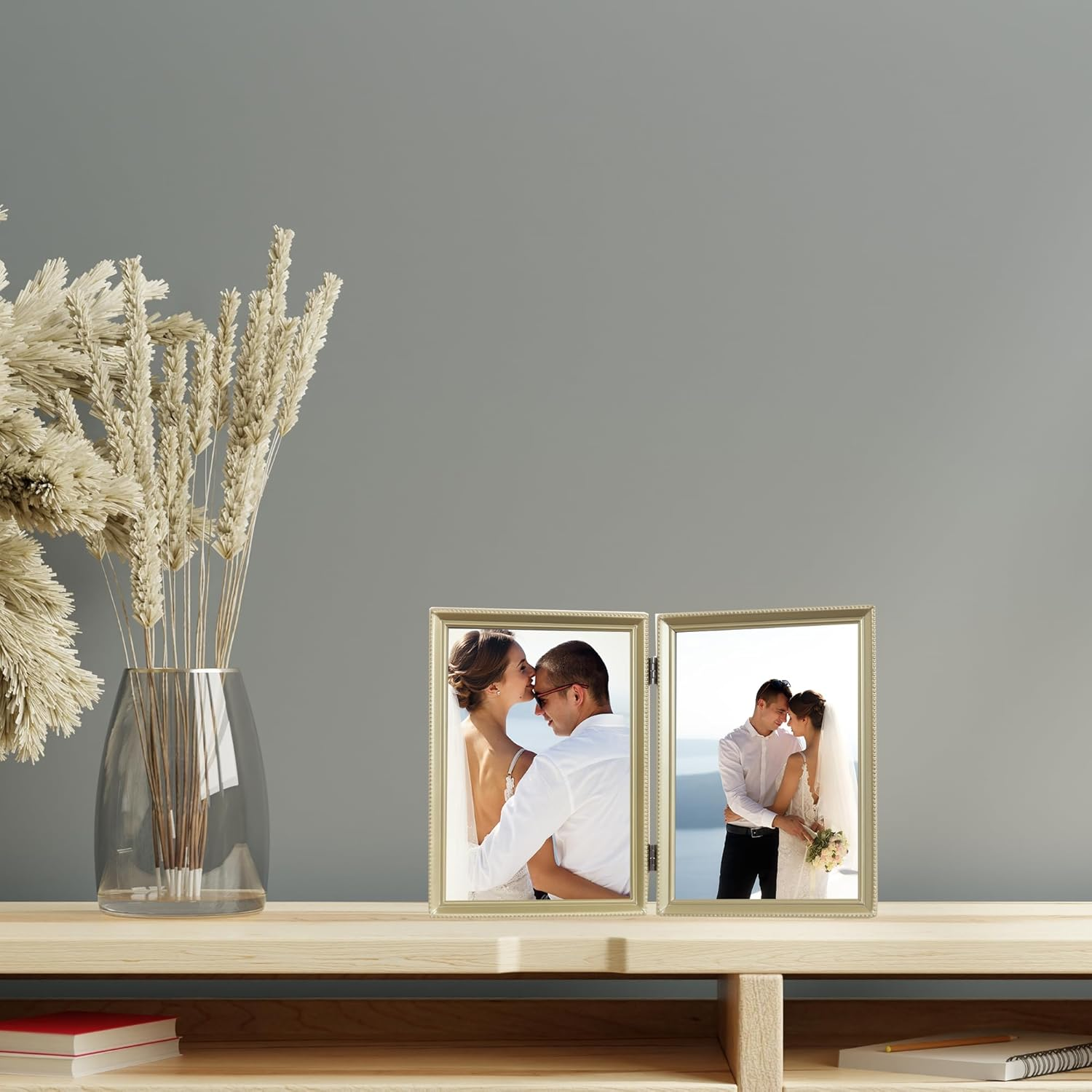 Lawrence Frames Antique Brass 5X7 Hinged Double Picture Frame - Bead Border Design image number 2