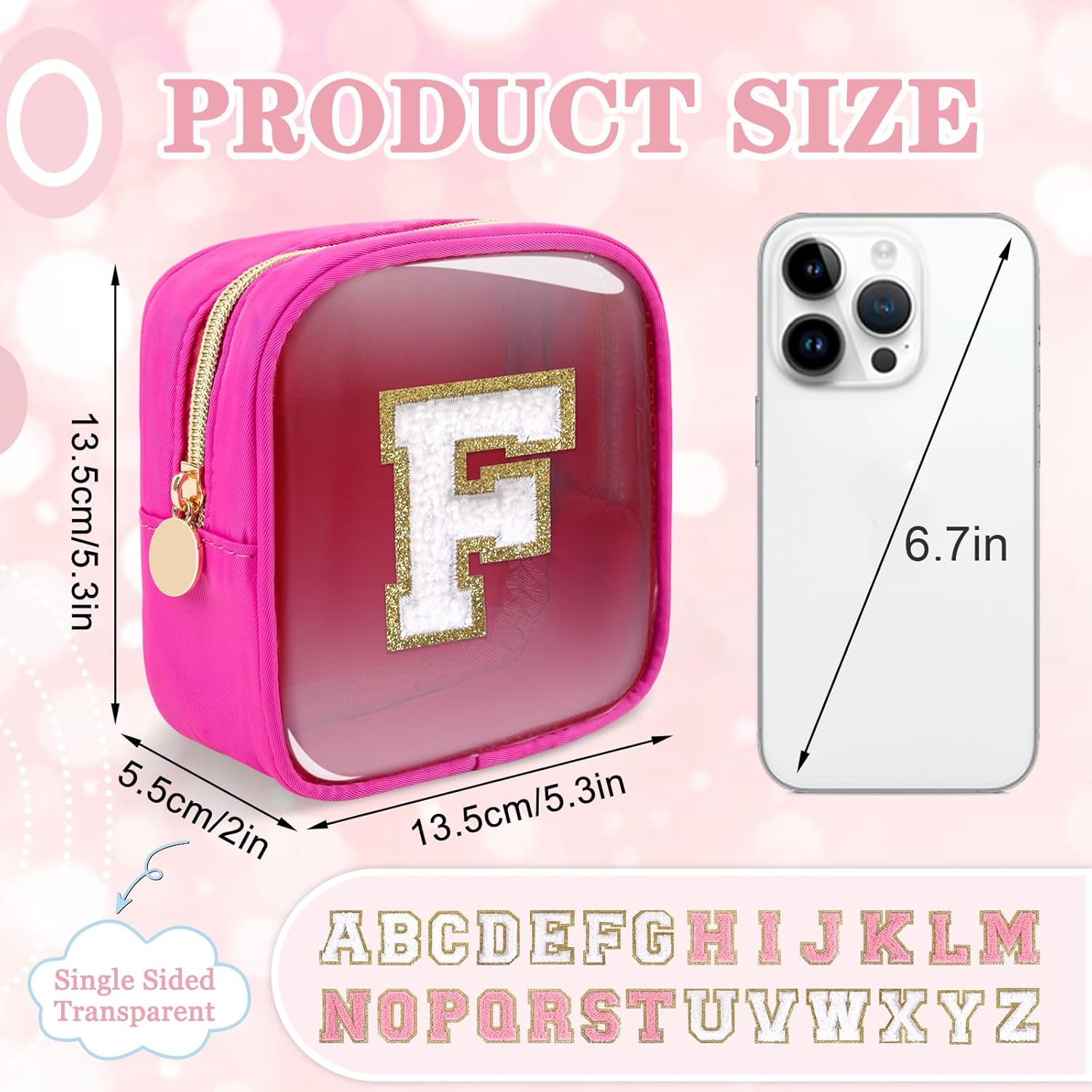 Mini Clear Personalized Initial Makeup Bag, Nylon Preppy A-Z Chenille Letter Patch Zipper Cosmetic Bag, Small Cute Pouch Travel Coin Purse Toiletry Bag, Mini-Hotpink, F image number 4