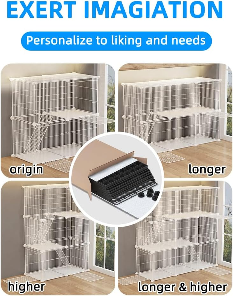 Cat Cage,Portable Metal Wire Mesh Grid Density Detachable Outdoor & Indoor Enclosure with Ladders,Cat Exercise Crate for Kitty,Puppy,Rabbits and Small Animals (Black, 2 Tier & 2 Doors)