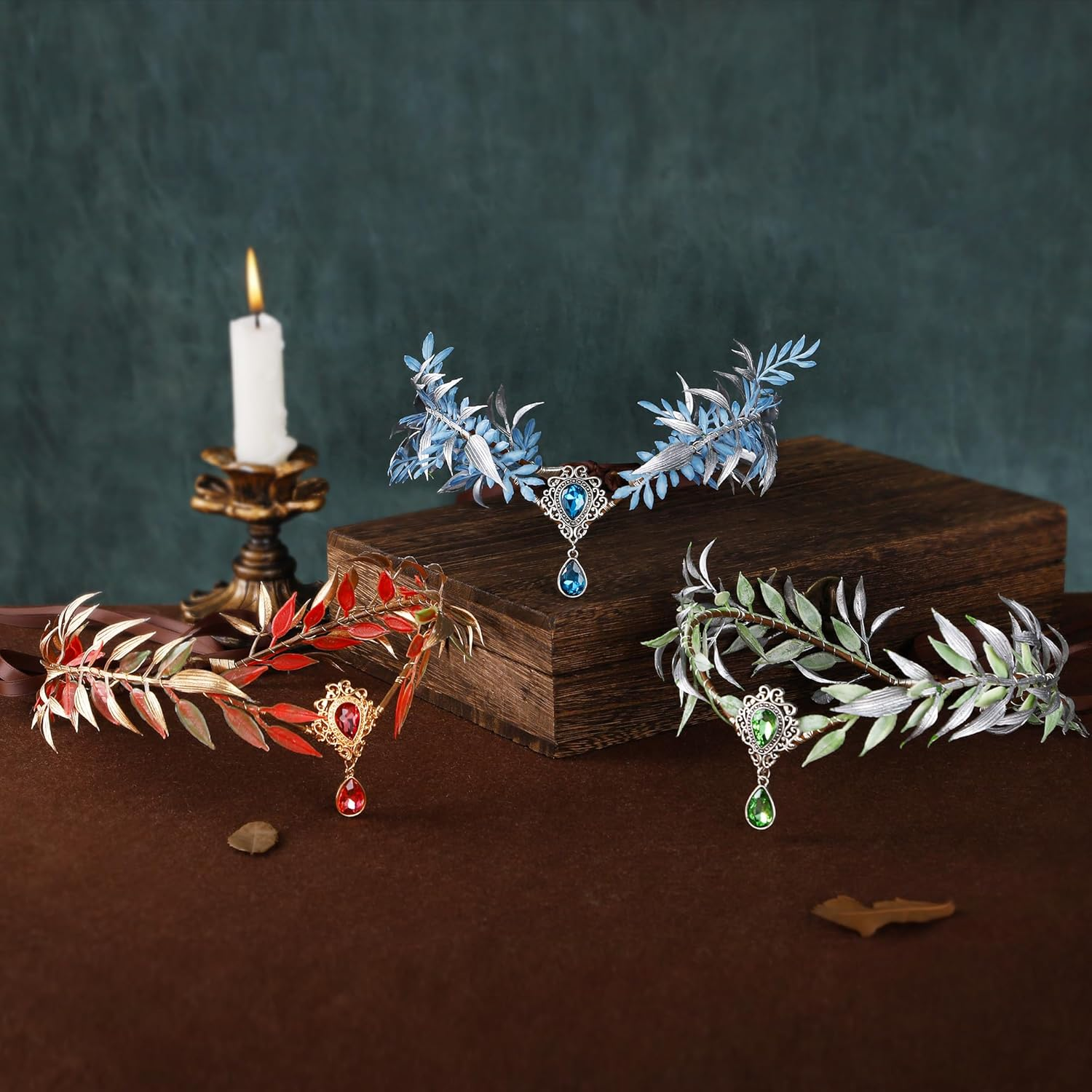 MOSTORY Forest Elf Crown for Renaissance Women Cosplay Purple and Gold Leaf Headpiece for Halloween Forest Fairy Costume image number 4