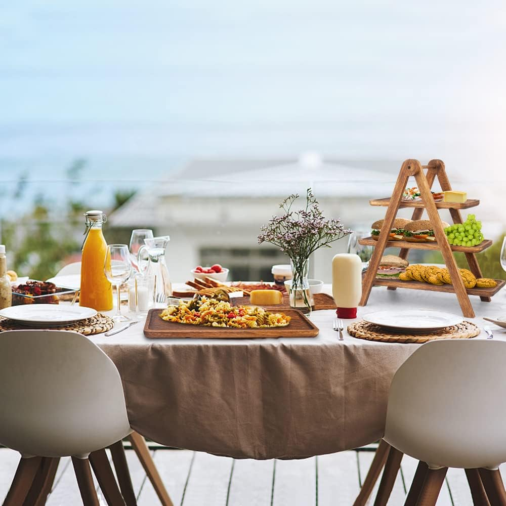Manspdier Wood 3 Tier Serving Tray Three Tiered Cupcake Stand, Rectangle Platter Wooden Farmhouse Tray, Party Dishes for Entertaining, Rustic Vintage Trays and Platters, Dark Brown Appetizer Plates