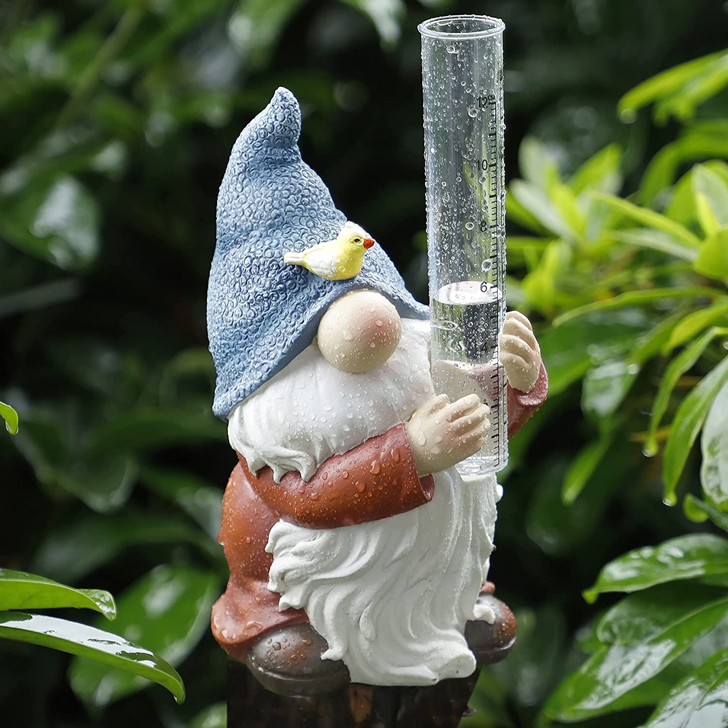FORUP Resin Gnome Statue with Rain Gauge, Hand Painted Gnome Sculpture for Garden image number 6