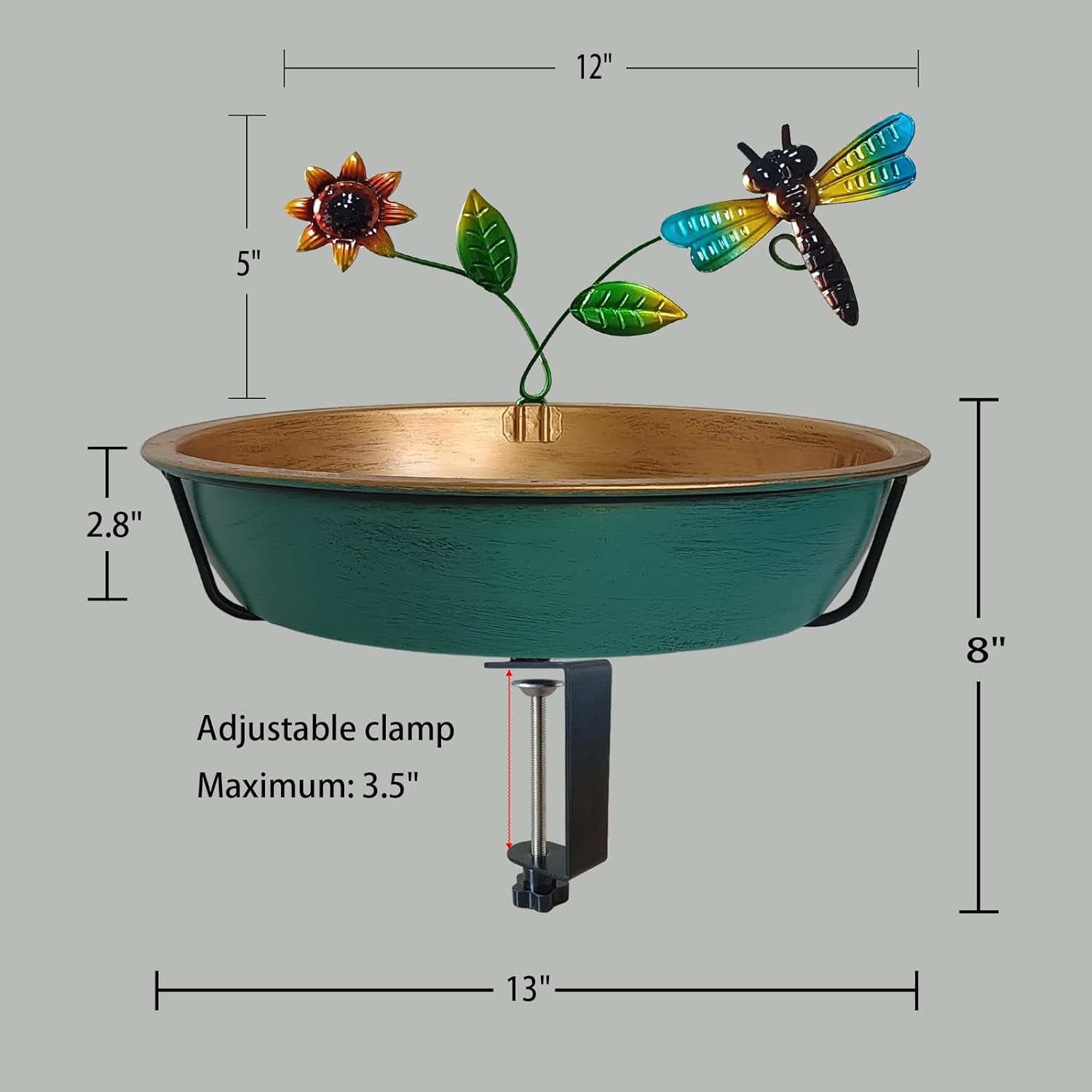 Deck Bird Bath for Outdoors, 13 Inch Large Green/Bronze Metal Birdbath Bowl with Adjustable Big Steel Clamp Backyard Birdbath Bird Feeder for Railing Balcony Fence Yard Art Garden Decor image number 2