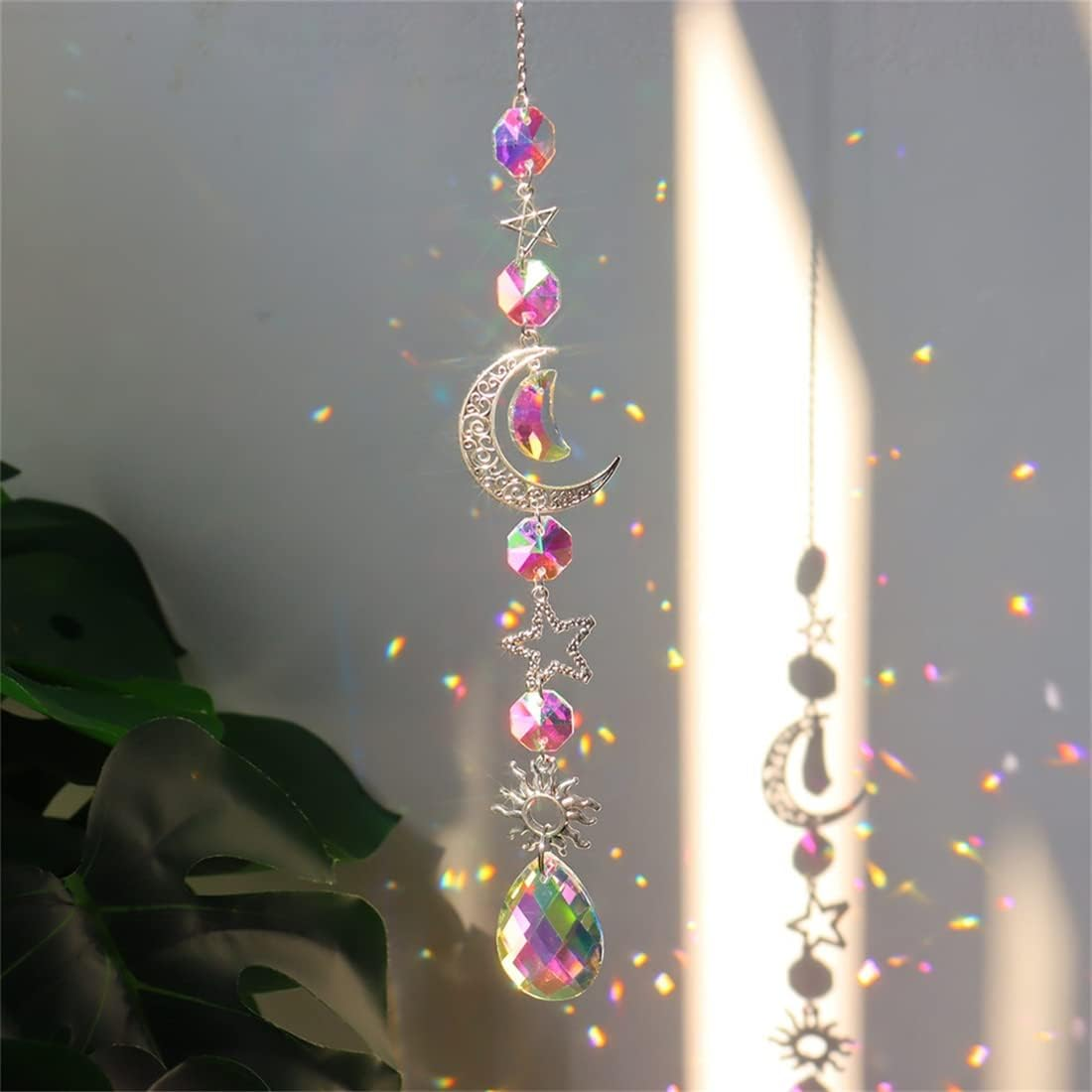 Infantly Bright Colorful Crystal Wind Chime, Moon Sun Light Catcher Diamond Prisms Pendant Dream Rainbow Chaser Maker Hanging Prism Drop Ornament Home Garden Decor Windchime Silver image number 6