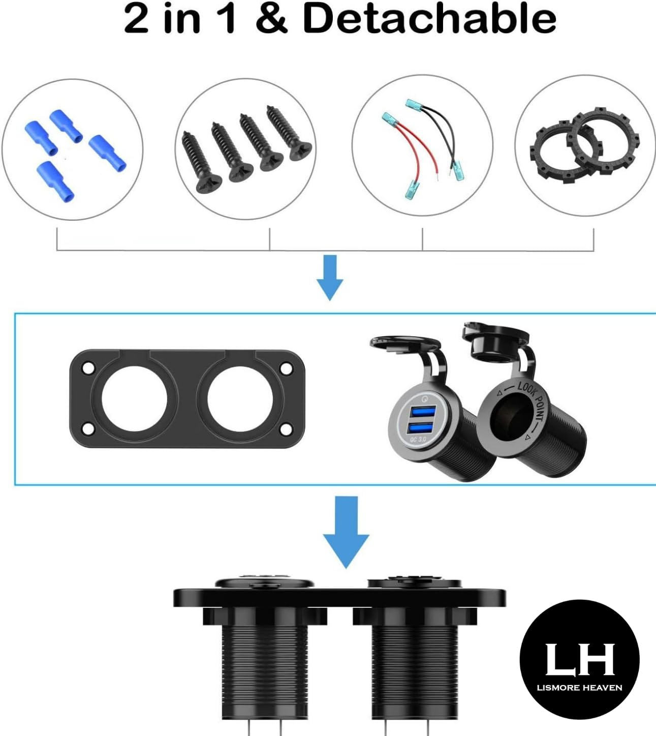 LH-QC 3.0 USB Outlet 12V Boat Marine Waterproof Cigarette Lighter Socket Splitter 12 Volt DC Power Charger Adapter DIY Kit with Blue LED Dual USB Ports for Rocker Switch Panel on Car RV Golf Cart ATV image number 2