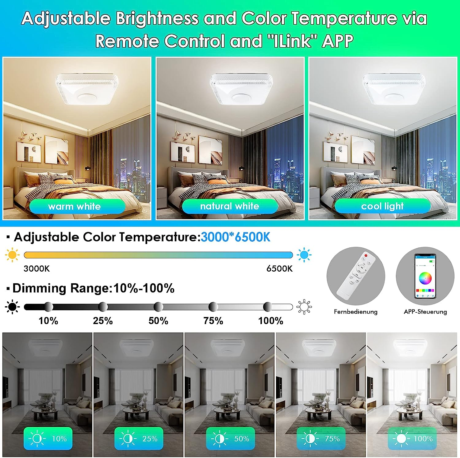 LED RGB Dimmable Ceiling Light Fixtures,30W 4000LM Adjustable Remote Control Luminaire Plafonnier with Bluetooth Speaker,Light Fixtures Ceiling for Party Bathroom Bedroom Living Room Kitchen image number 6