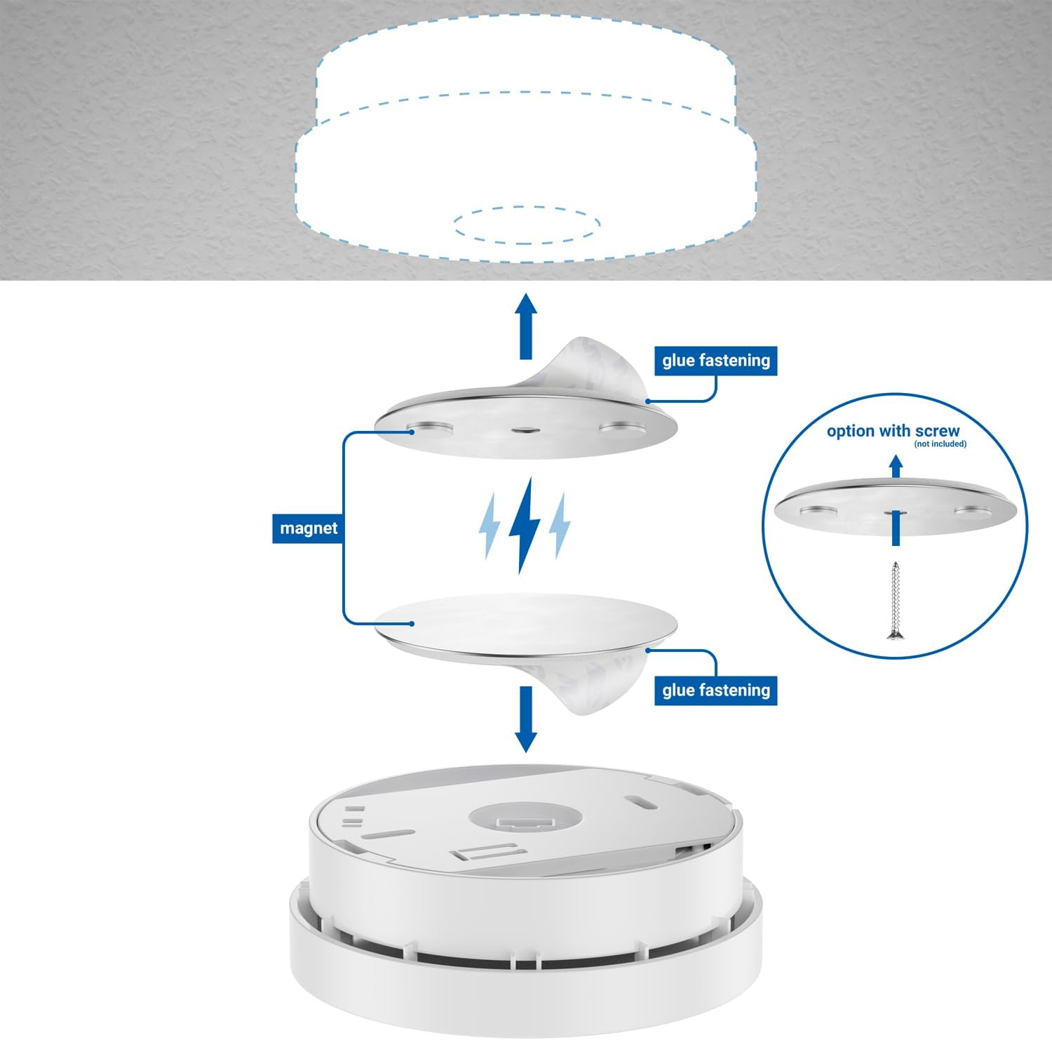 Deleycon Pack of 10 Magnetic Attachment for Smoke Detectors Magnetic Holder Fire Alarm Self-Adhesive Magnetic Holder Adhesive Surface and Drill Hole 65 Mm Diameter