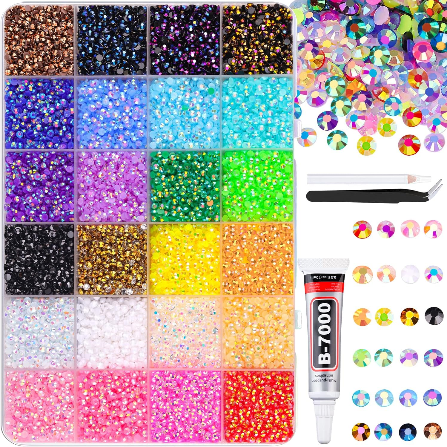 TINKRSTUFF 24000Pcs Jelly Resin Rhinestones with Tweezers for Crafts, Mixed Gems, 3Mm Non Heat Setting, Crystals for DIY Clothing, Glasses, Cups, Shoes, Fabric, Nail Decor