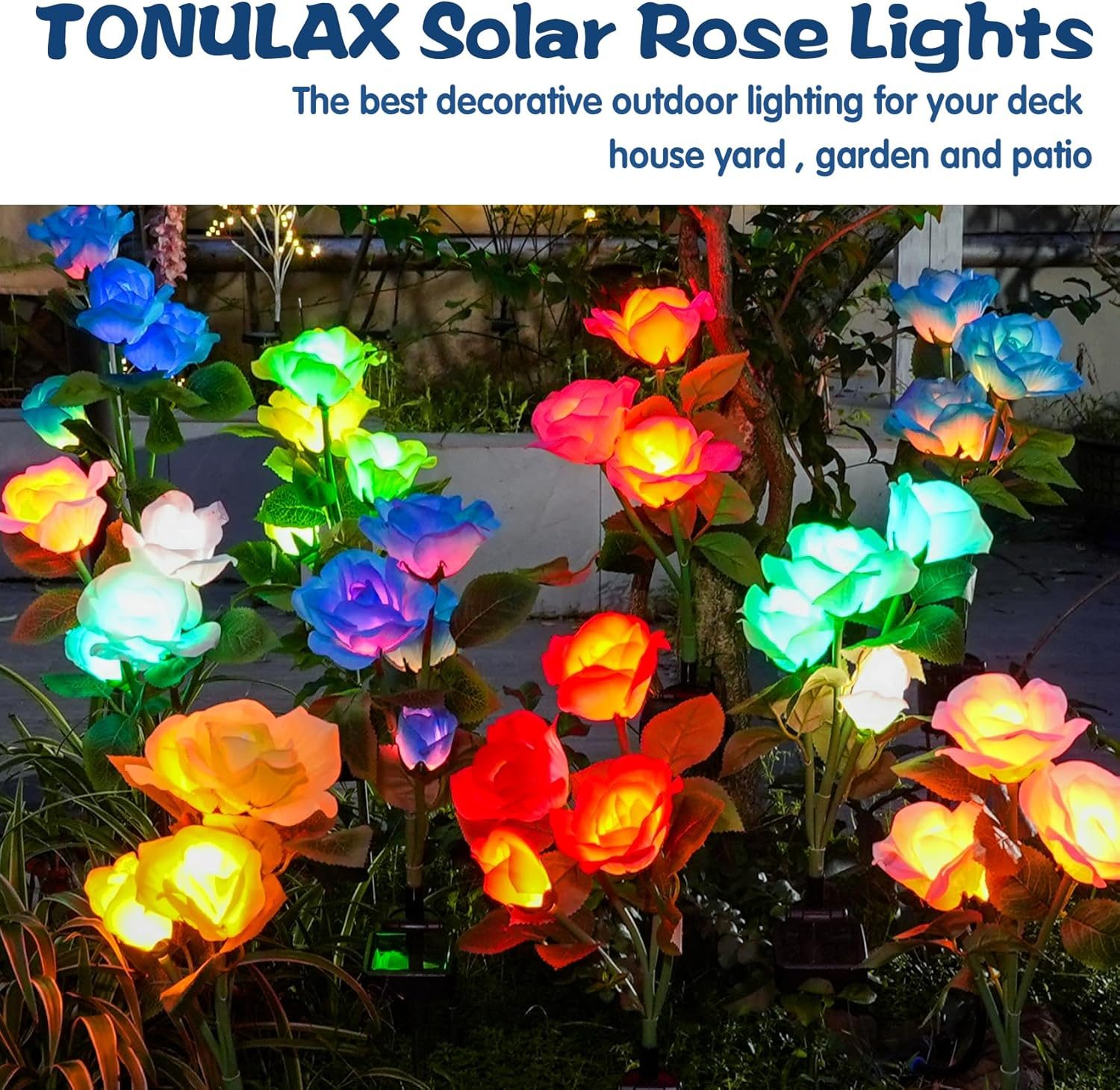 TONULAX Solar Garden Lights - Newest Version Solar Lights Outdoor, 7 Color Changing Rose Lights for Yard,Garden Decoration, Enlarged Solar Panel, More Realistic Rose Flower (2 Pack, Red and White) image number 1