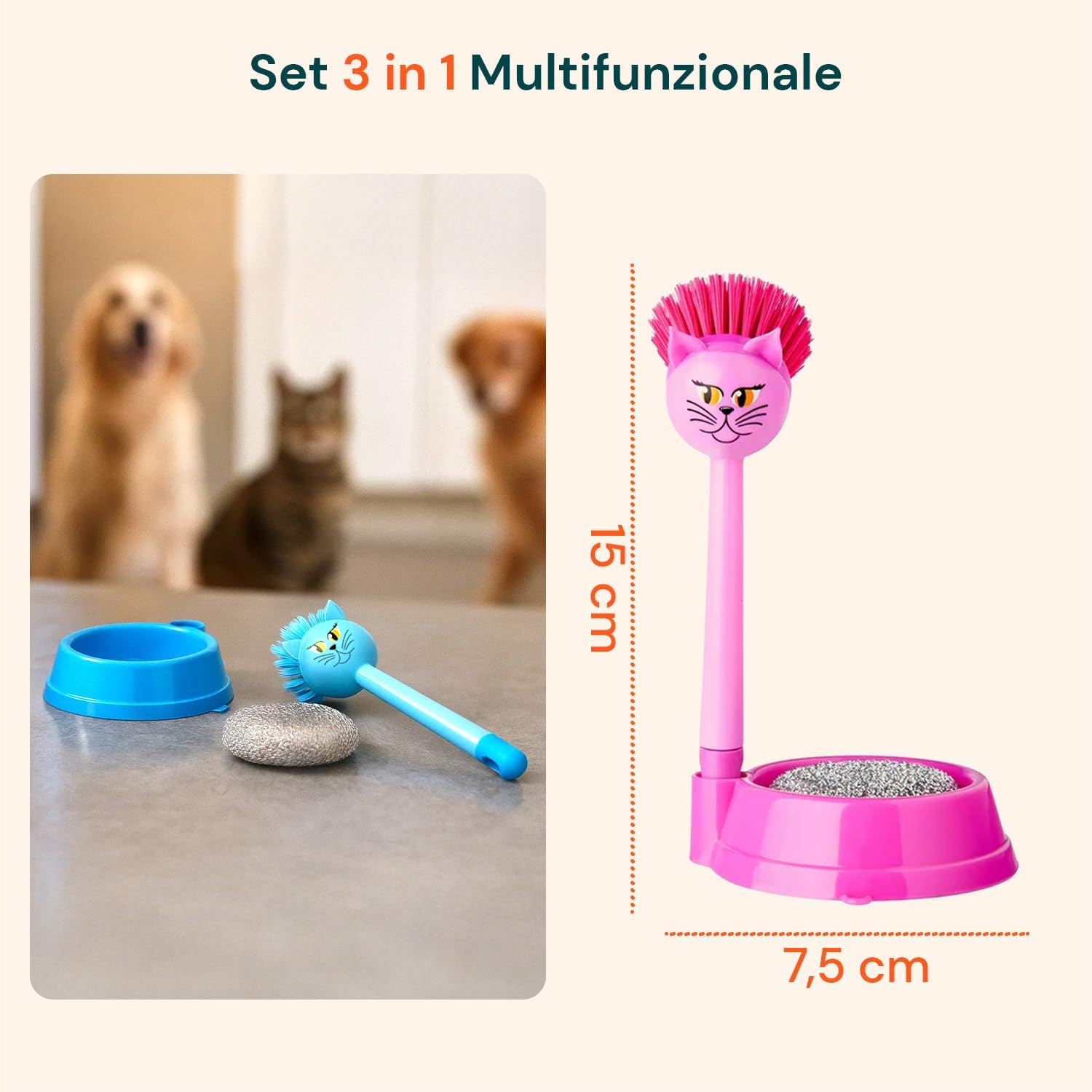 Avilia Heavy Duty Plastic Cat Dog Bowl Set with Brush and Sponge with Soft Bristles Ideal for Grooming Your Pet'S Fur and Paws image number 1