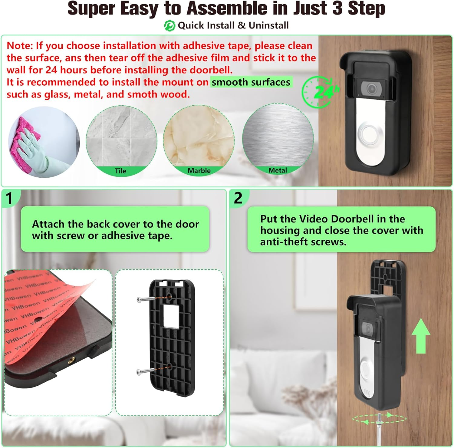 Adhesive Doorbell Mount Compatible with Video Doorbell 1/2/3/3 Plus/4/(2020 Release)/(2023 Release), No-Drill Door Mount Cover Holder Accessories, Easy Installation, Not Block Doorbell Sensor