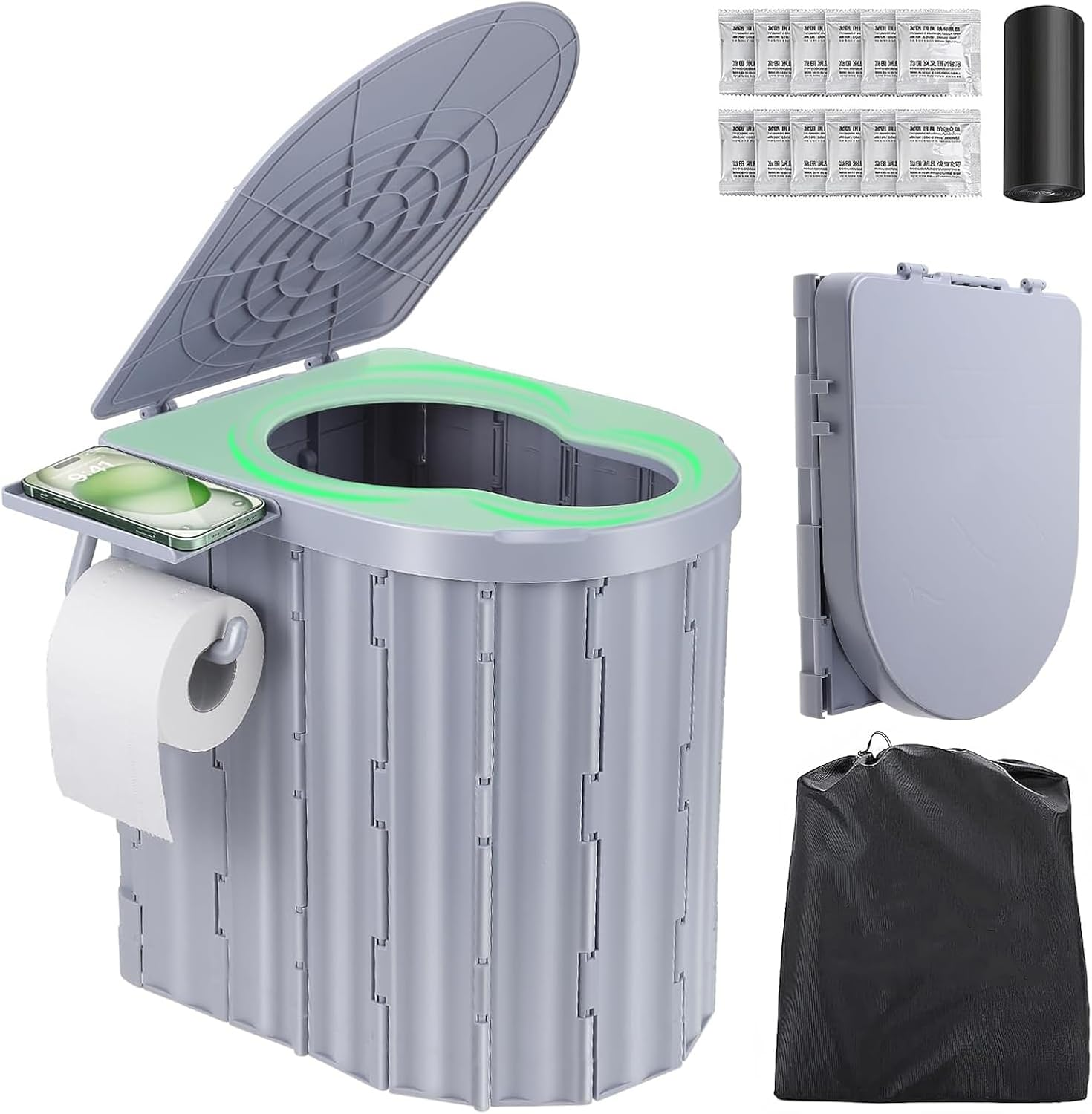 Sckee Portable Toilet for Adults, XL Portable Camping Toilet, Black Leather & Density Board, 16.5 Inch High, Floor Mounted, Multifunctional, Easy to Clean & Store