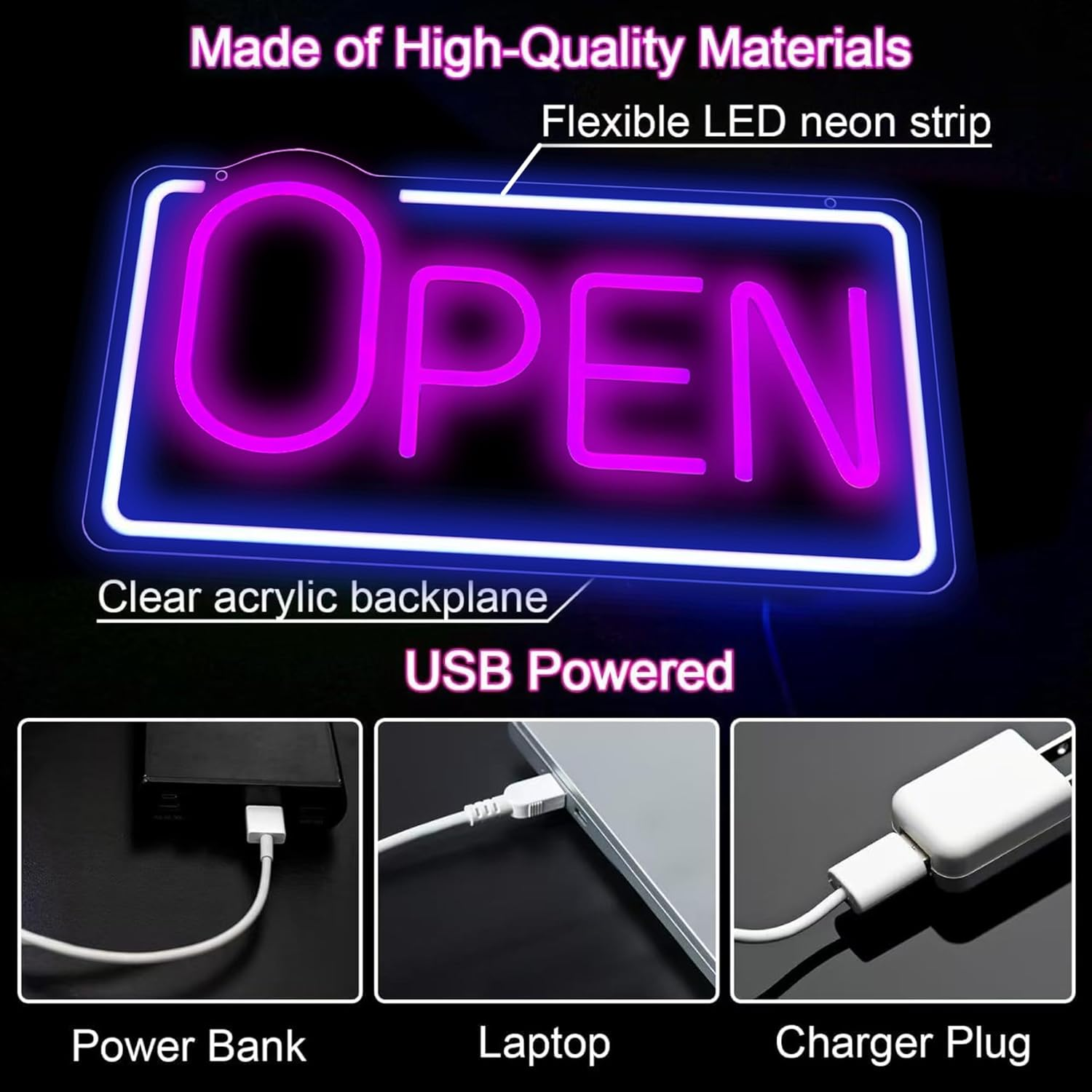 QXMH Open Signs for Business: Bar Open Neon Signs, Dimmable LED Lamp, USB Powered Bright LED with High Visibility 16.5 X 8.2 Inches image number 2
