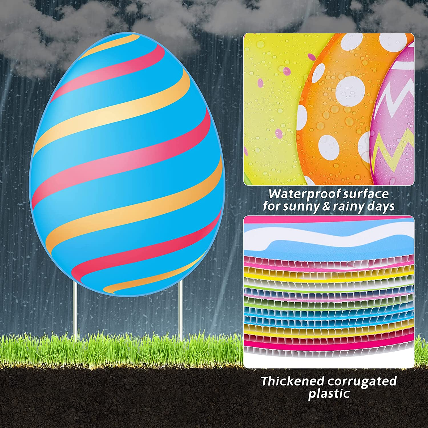 ADXCO 18 Pieces Easter Colorful Eggs Yard Signs with Stakes and String Double-Side Print Outdoor Easter Spotted Eggs Yard Decorations Waterproof Lawn Decorations for Easter Party Supplies