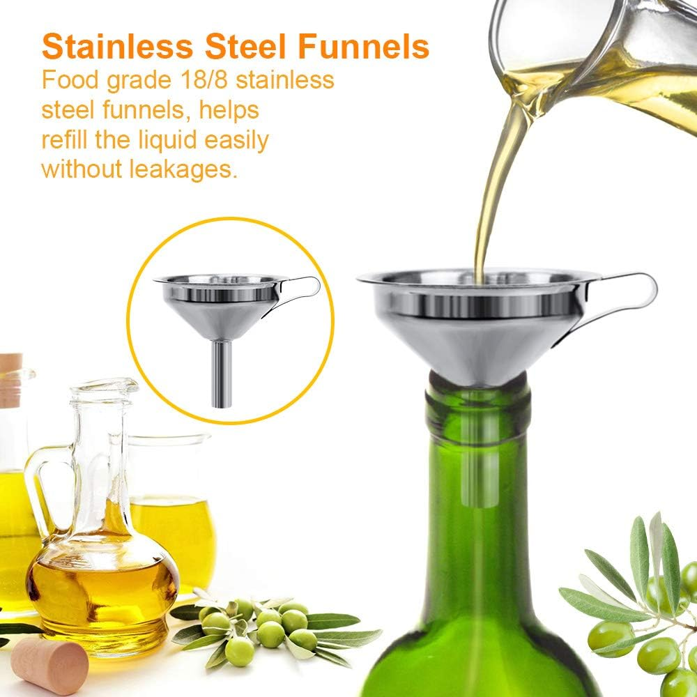 4PCS Olive Oil Spouts, Stainless Steel Classic Bottle Pourers Tapered Spout, Suitable for about 3/4" Bottle Mouth, Olive Oil Dispenser with Dust Caps, Funnels and Cleaning Brush
