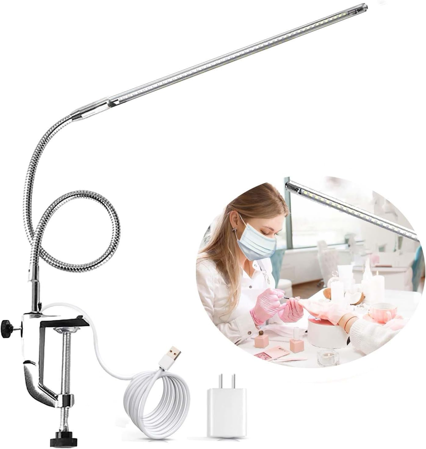 Nail Desk Lamp with Clamp, New Upgrade 8-10W Dimmable LED 360&deg; Flexible Gooseneck Nail Tech Table Desk Light for Manicure Reading Eyebrow Tattoo image number 3