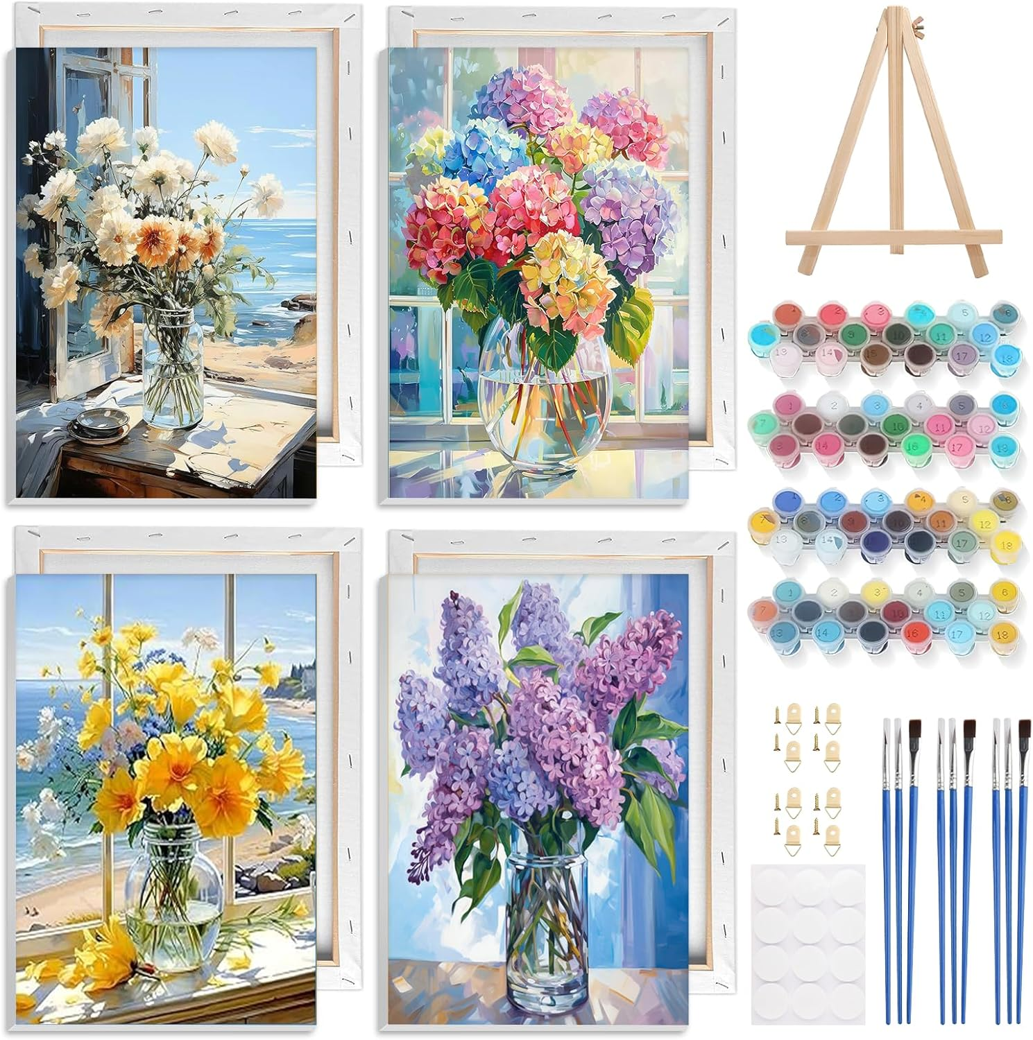 NAIMOER 4 Pack Framed Paint by Numbers Vase Flowers for Adults Kids, DIY Easy Window Flowers Painting by Numbers with Frame Wooden Holder, Painting Art on Canvas Gifts Home Wall Decor 8X12In image number 3