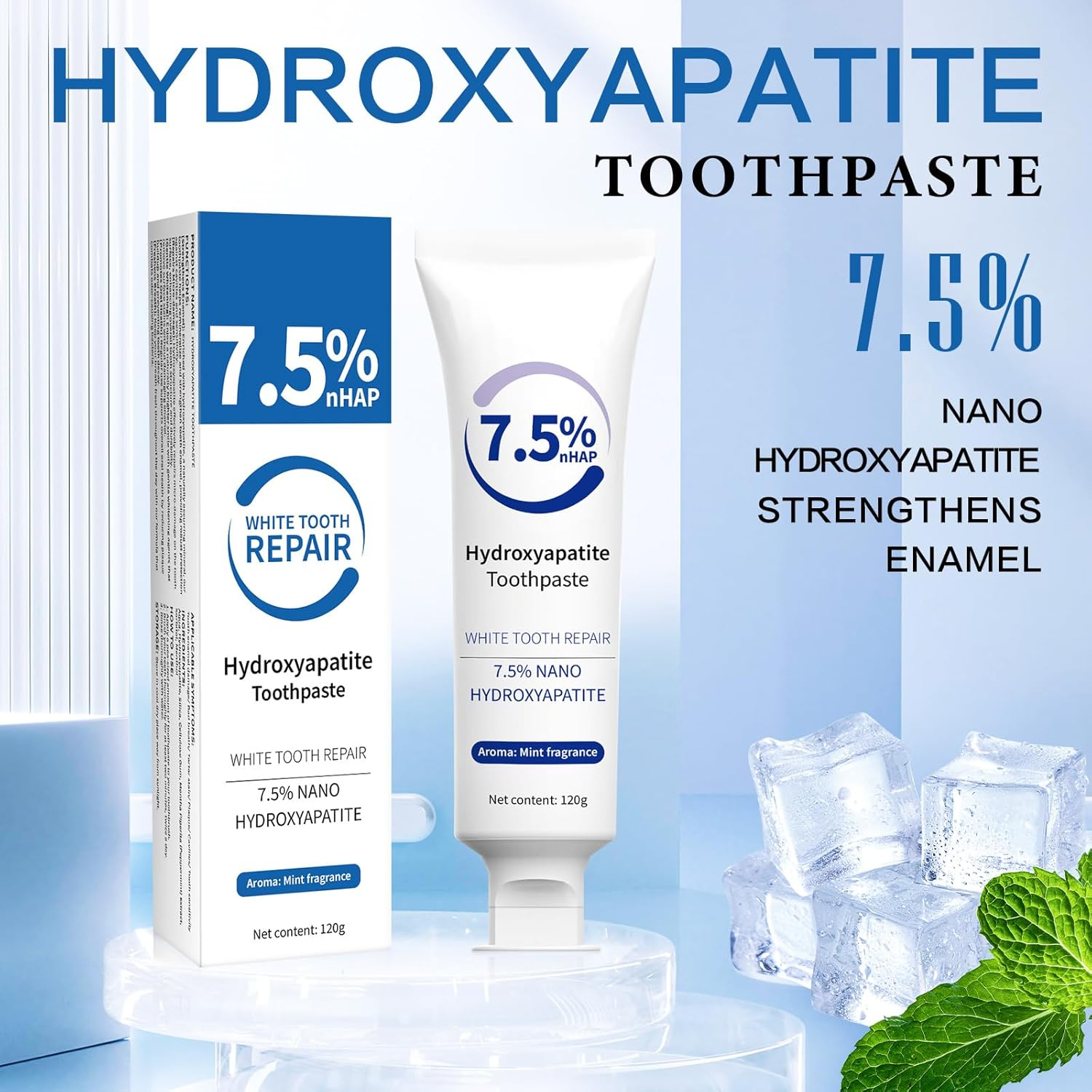 7.5% Hydroxyapatite Toothpaste, Nano Hydroxyapatite Toothpaste for Gentle Teeth Whitening, Breath Freshening, Teeth Repairing, Oral Health Care