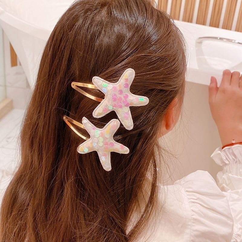 Glitter Starfish Hair Clips for Women Girls 10 Pcs Snap Seastar Clips Starfish Barrettes Sequin Mermaid Seashell Hair Accessories Sea Shell Hairpiece Mermaid Clip image number 3