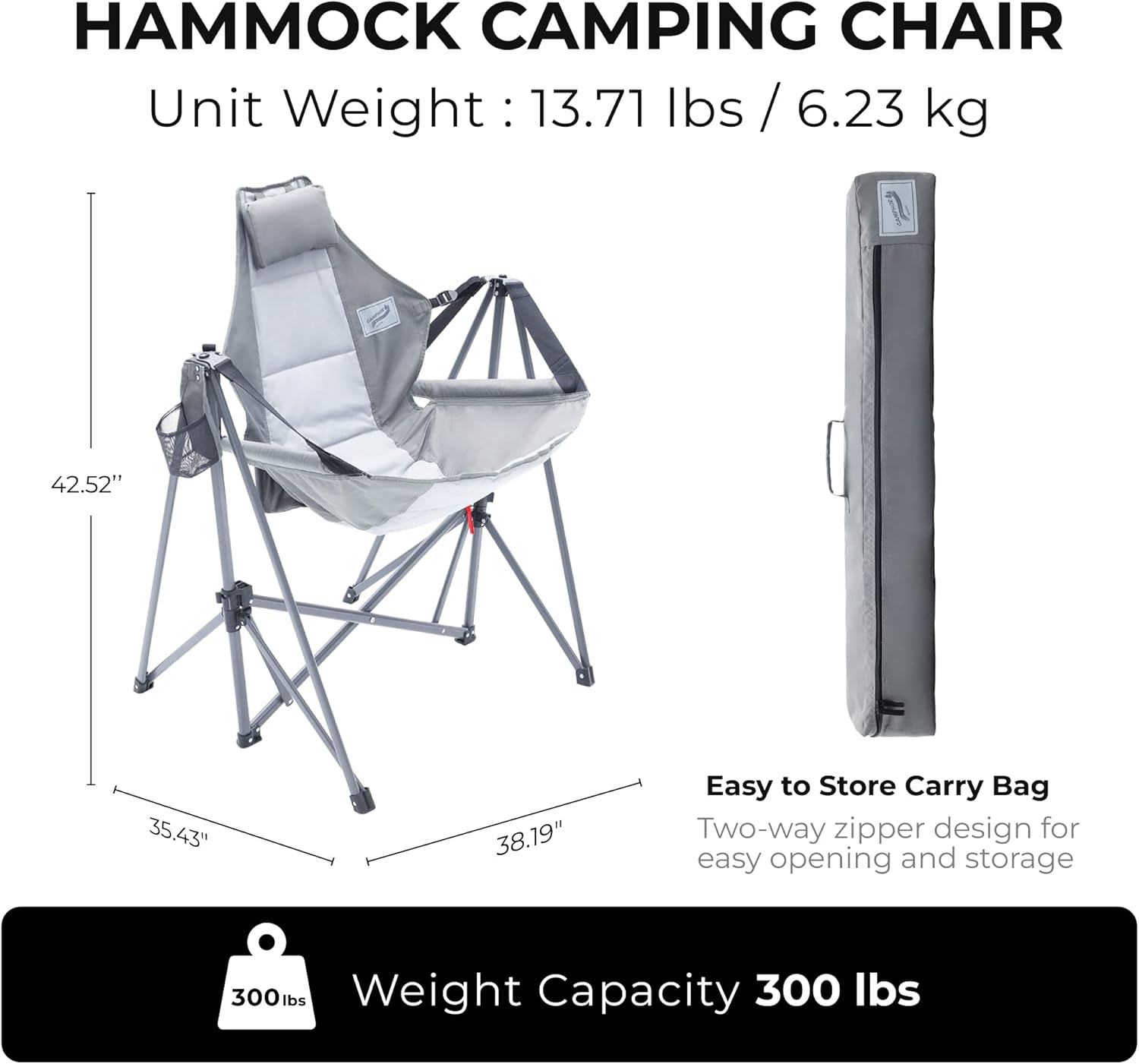 Camphor Designs Portable Swing Hammock Chair | Foldable Recliner Rocking Lounger with Headrest & Drink Holder | Outdoor Sports, Beach, Lawn, Hunting, Tailgating, Fishing | Supports 300Lbs (Grey) image number 3
