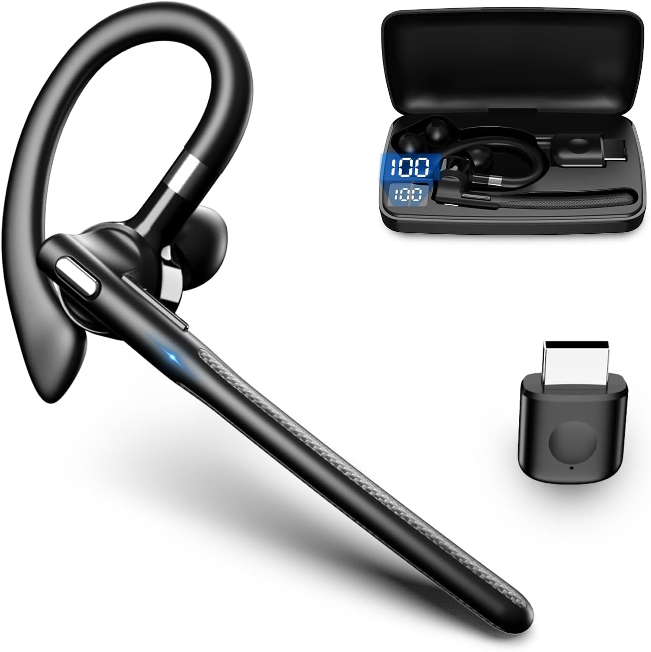 Bluetooth Headset, Wireless Bluetooth 5.4 Earpiece Single-Ear Headset Hands-Free Earphones,In Mic with Charging Case,Dualable Hands-Free Headphones with Built-In Mic for Work Trucker Office Meeting image number 1