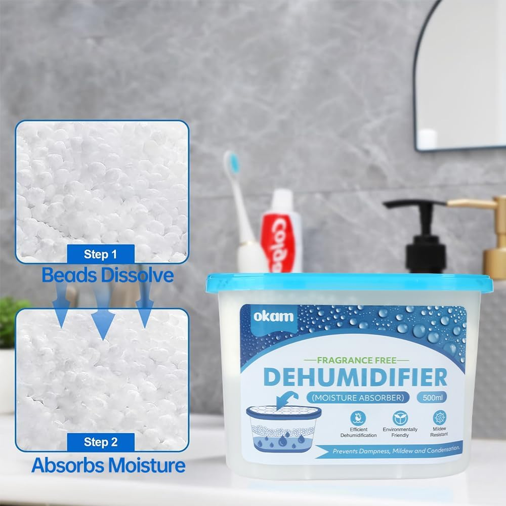 OKAM Moisture Absorber Tubs 24-Pack - Unscented Dehumidifier 500Ml for Bathroom, Wardrobe, Kitchen, Laundry, Closet, and Cupboard - Mould & Humidity Absorber - Portable Dehumidifier Moisture Absorber image number 5