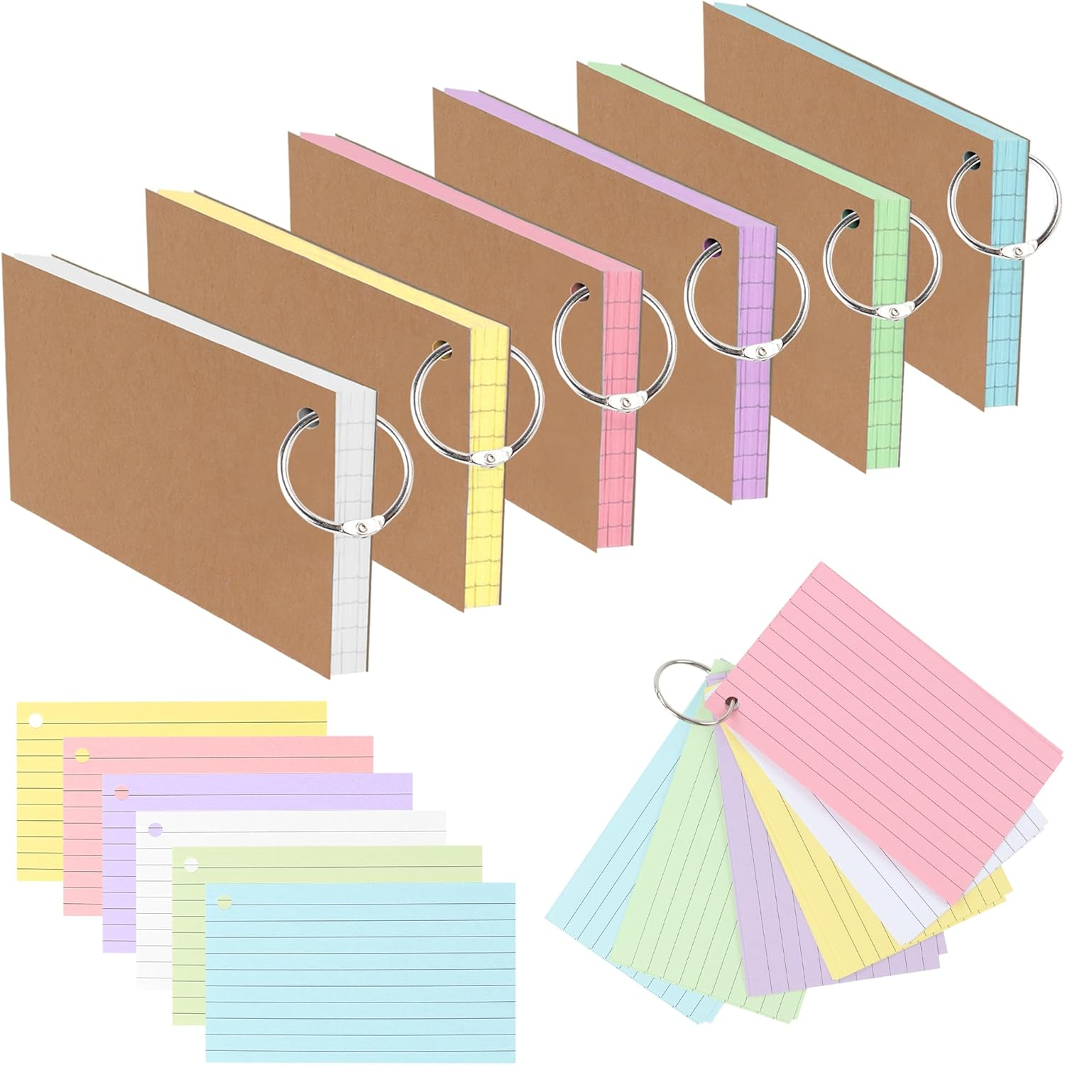 TECDW 300 Index Cards with Reinforced Kraft Paper Cover - 3X5 Inch Study Cue Cards, Colorful Flashcards for Learning, Office & Home (6 Assorted Colors + 6 Metal Key Rings) image number 6
