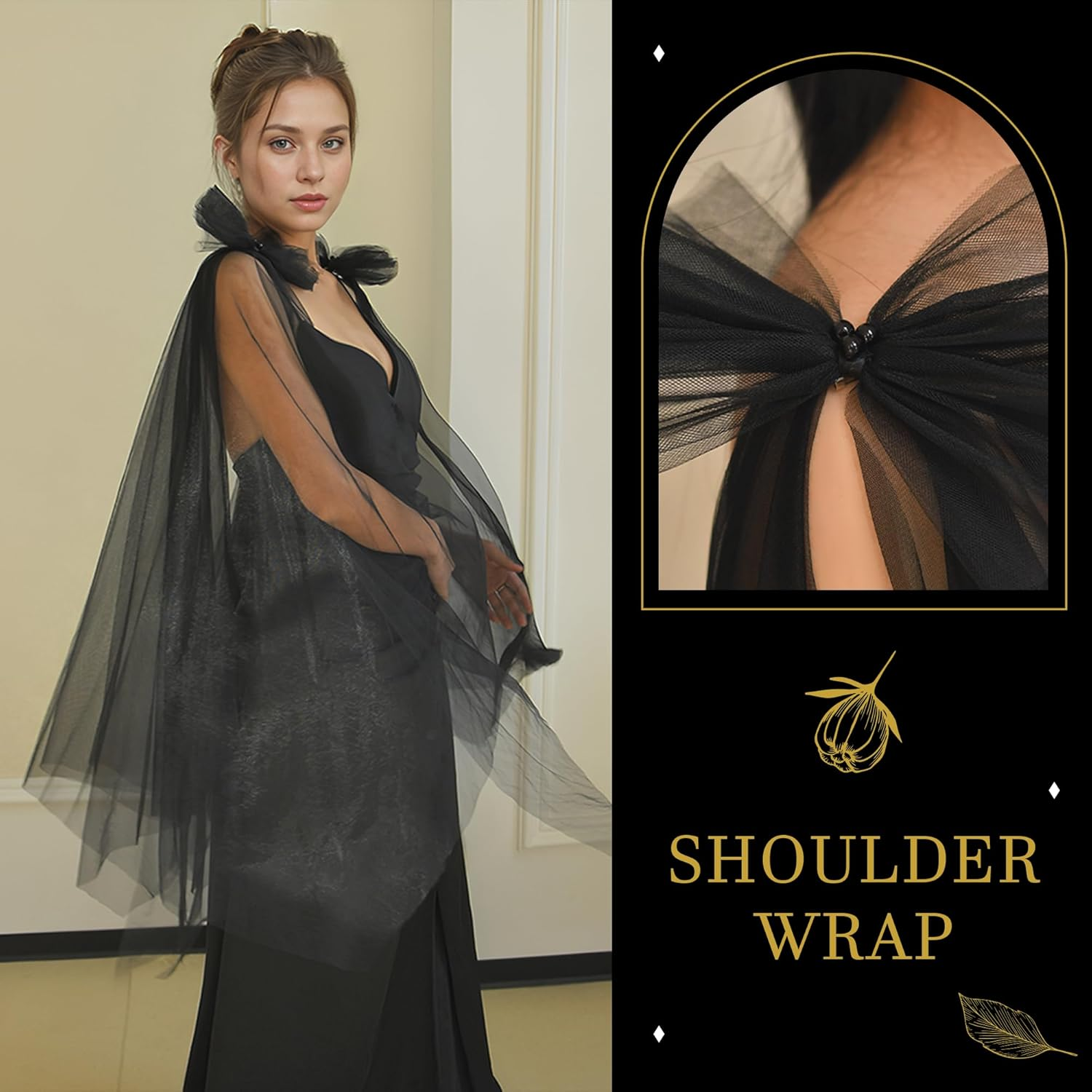 YAEISM Black Shoulder Cover for Dress Long Bow Dress Cover up Formal Detachable Tulle Wedding Shawl Evening Dresses for Women and Girls image number 2