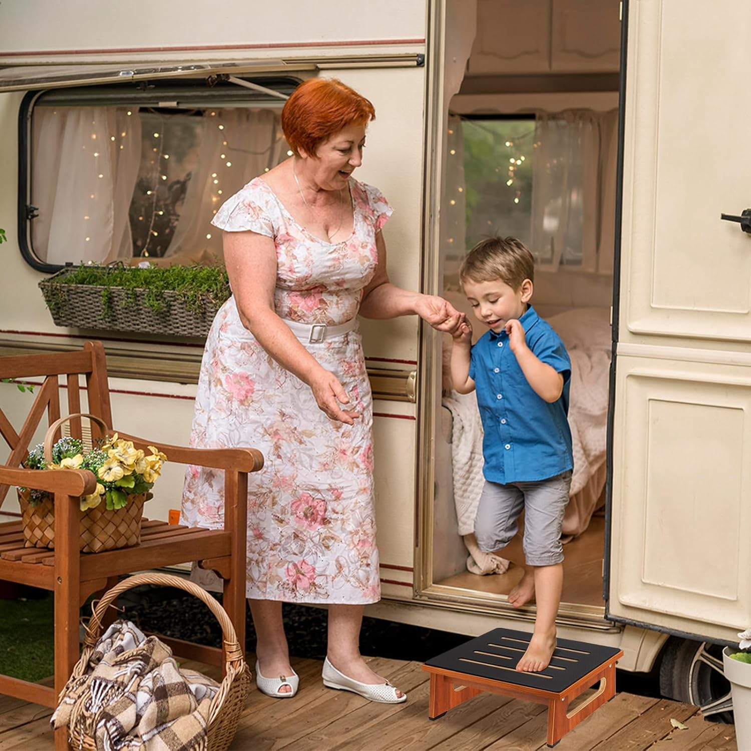 Raylove One Step Stool for Adults & Seniors with Non-Slip Rubber Stepping Surface, Indoor/Outdoor Platform Step,450 Ib Portable Single Wooden Riser Bathroom, Kitchen,Bedside image number 3