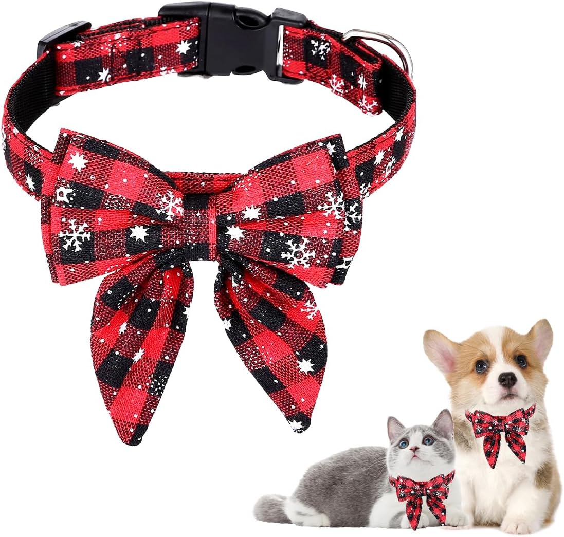 Christmas Dog Collar, Christmas Collar Dog, Cat Collar with Bow, Bow Tie for Dogs, Cute Checked Pattern, Dog Christmas Costume, Pet Collar for Kittens and Dogs (S)