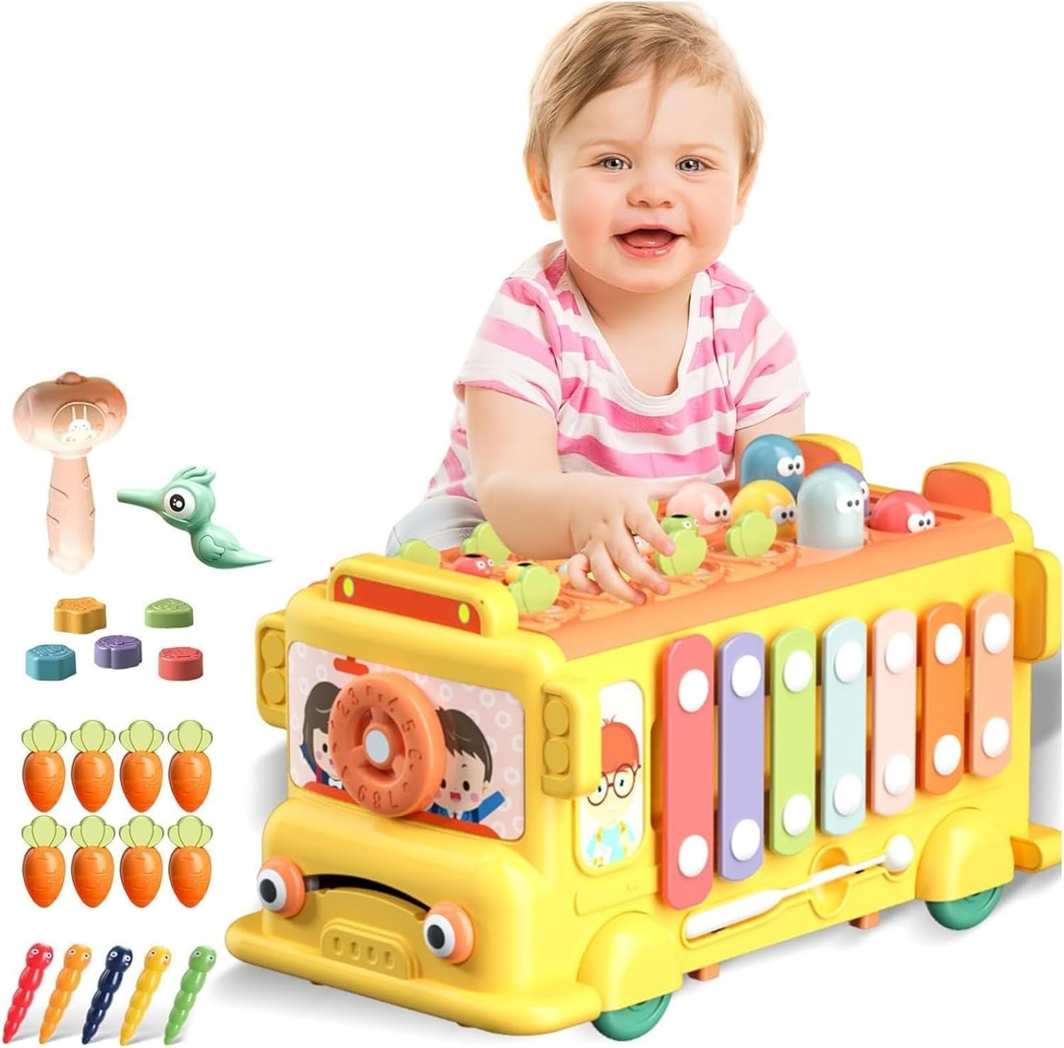 Uandhome 12-In-1 Montessori Toys for 1 2 3 Year Old Baby Boys Girls,Hammering Pounding Toy Harvest,School Bus Toy with Gears,Teaching Clock,Fishing Game and Color Matching for Kids image number 3