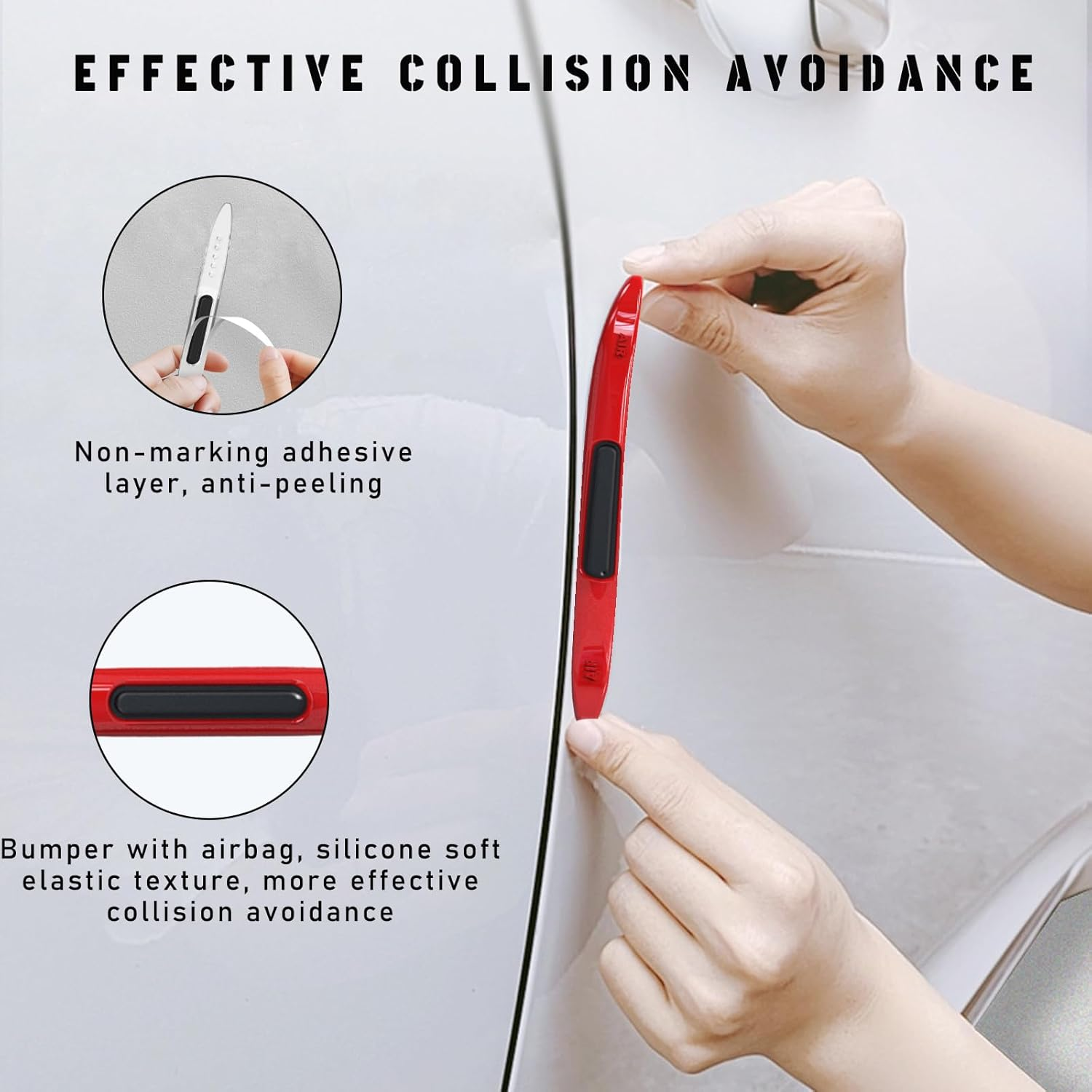 2 PCS Car Door Edge Guard Protectors, Anti-Collision Silicone Side Door Edge Sticker Strips, Electrostatic Eliminating Strip with Air Bags, Universal Auto Body Accessories (Red) - Black image number 3