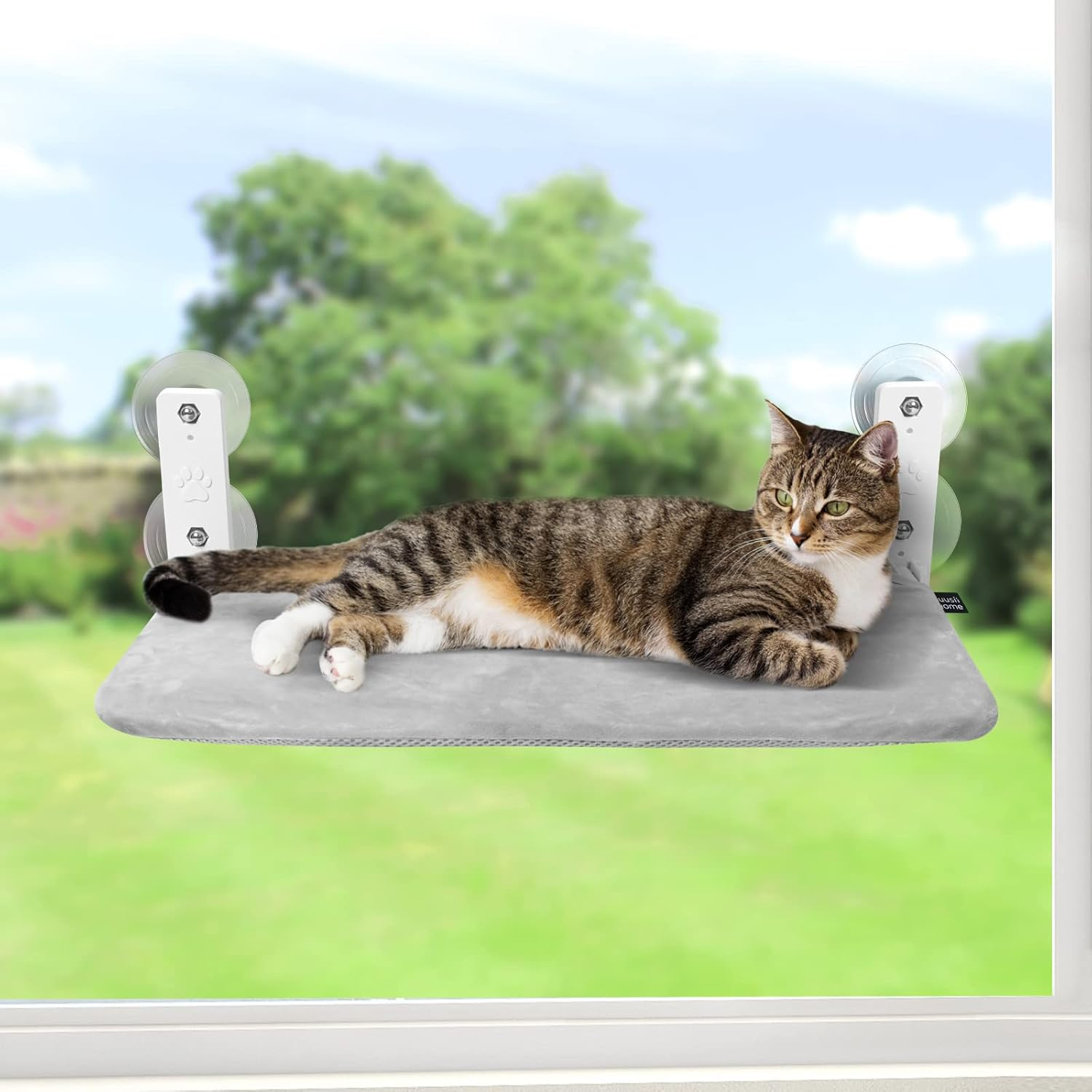 GUUSII HOME Window Lounger for Cats, Hammock, Window Seats, Cat Bed, Window, Foldable Cat Hammock, Window Hammock, Cat Lounger, Cat Hammock with Strong Suction Cups (Grey, M)