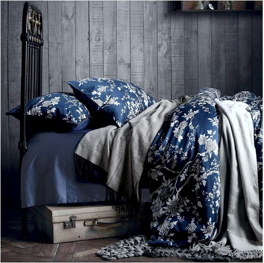 Eastern Floral Chinoiserie Blossom Print Duvet Quilt Cover Navy Blue Tan White Asian Style Botanical Tree Branches Ornamental Drawing 400TC Egyptian Cotton 3Pc Bedding Set (King)