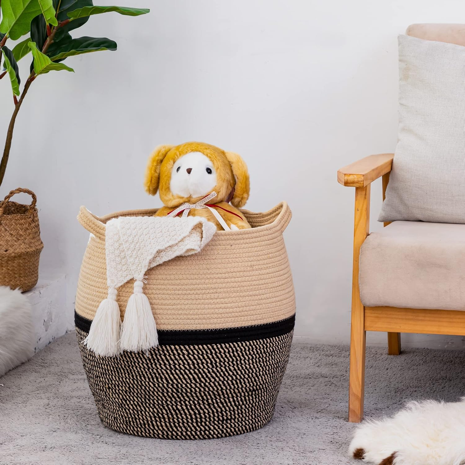 KAKAMAY Woven Baskets for Storage(17"X17"),Large Cotton Rope Basket Baby Laundry Hamper,Collapsible Basket, Blanket Organizing Living Room,Nursery,Clothes,Toy Chest (Black) - Black image number 1