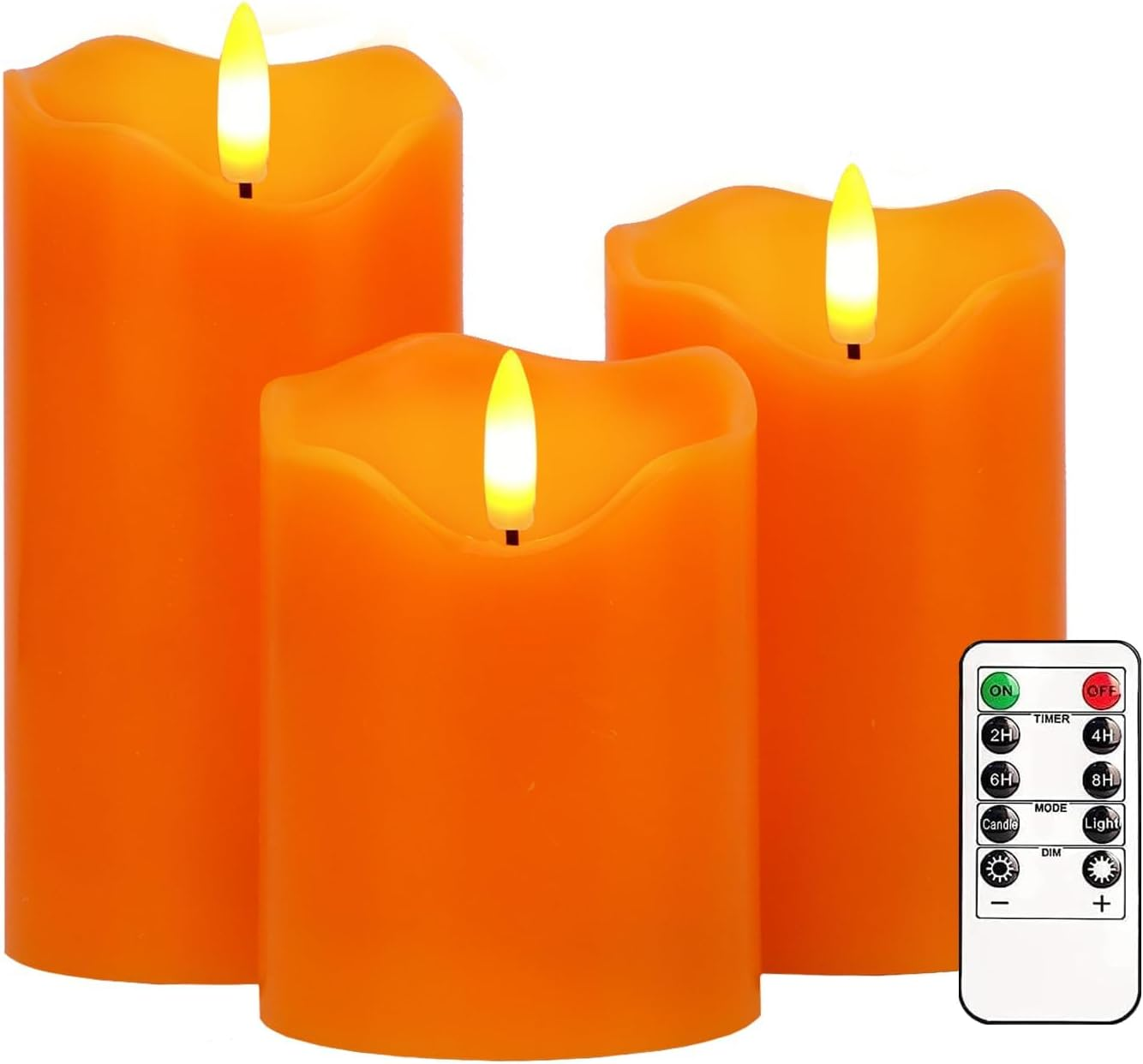 Flameless Candles Lights, Set of 3 Orange Flickering LED Candles with Remote & Timer, Dimmable LED Pillar Candles Battery Operated, Electric Candles for Fall Halloween Thanksgiving Decor (Green)